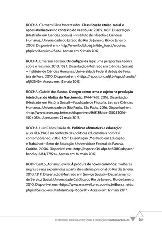 264
REPERTÓRIO BIBLIOGRÁFICO SOBRE A CONDIÇÃO DO NEGRO NO BRASIL
ROCHA, Carmem Silvia Moretzsohn. Classificação étnico-racial e
ações afirmativas no contexto do vestibular. 2009. 143 f. Dissertação
(Mestrado em Ciências Sociais) – Instituto de Filosofia e Ciências
Humanas, Universidade do Estado do Rio de Janeiro, Rio de Janeiro,
2009. Disponível em: <http://www.bdtd.uerj.br/tde_busca/arquivo.
php?codArquivo=2546>. Acesso em: 9 maio 2017.
ROCHA, Emerson Ferreira. Os códigos da raça: uma perspectiva teórica
sobre o racismo. 2010. 182 f. Dissertação (Mestrado em Ciências Sociais)
– Instituto de Ciências Humanas, Universidade Federal de Juiz de Fora,
Juiz de Fora, 2010. Disponível em: <https://repositorio.ufjf.br/jspui/handle/
ufjf/2545>. Acesso em: 15 maio 2017.
ROCHA, Gabriel dos Santos. O negro como tema e sujeito na produção
intelectual de Abdias do Nascimento: 1944-1968. 2016. Dissertação
(Mestrado em História Social) – Faculdade de Filosofia, Letras e Ciências
Humanas, Universidade de São Paulo, São Paulo, 2016. Disponível em:
<http://www.teses.usp.br/teses/disponiveis/8/8138/tde-05082016-
150405/>. Acesso em: 22 maio 2017.
ROCHA, Luiz Carlos Paixão da. Políticas afirmativas e educação:
a Lei 10.639/03 no contexto das políticas educacionais no Brasil
contemporâneo. 2006. 125 f. Dissertação (Mestrado em Educação
e Trabalho) – Setor de Educação, Universidade Federal do Paraná,
Curitiba, 2006. Disponível em: <http://dspace.c3sl.ufpr.br:8080/dspace/
handle/1884/27924>. Acesso em: 16 maio 2017.
RODRIGUES, Adriana Severo. À procura de novos caminhos: mulheres
negras e suas experiências a partir do sistema prisional do Rio de Janeiro.
2010. 131 f. Dissertação (Mestrado em Serviço Social) – Departamento
de Serviço Social, Universidade Católica do Rio de Janeiro, Rio de Janeiro,
2010. Disponível em: <https://www.maxwell.vrac.puc-rio.br/Busca_etds.
php?strSecao=resultado&nrSeq=16567@1>. Acesso em: 17 maio 2017.
 