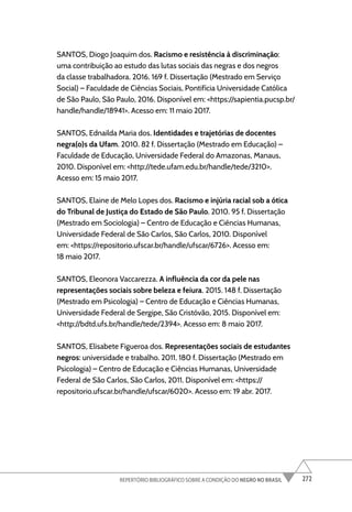 272
REPERTÓRIO BIBLIOGRÁFICO SOBRE A CONDIÇÃO DO NEGRO NO BRASIL
SANTOS, Diogo Joaquim dos. Racismo e resistência à discriminação:
uma contribuição ao estudo das lutas sociais das negras e dos negros
da classe trabalhadora. 2016. 169 f. Dissertação (Mestrado em Serviço
Social) – Faculdade de Ciências Sociais, Pontifícia Universidade Católica
de São Paulo, São Paulo, 2016. Disponível em: <https://sapientia.pucsp.br/
handle/handle/18941>. Acesso em: 11 maio 2017.
SANTOS, Ednailda Maria dos. Identidades e trajetórias de docentes
negra(o)s da Ufam. 2010. 82 f. Dissertação (Mestrado em Educação) –
Faculdade de Educação, Universidade Federal do Amazonas, Manaus,
2010. Disponível em: <http://tede.ufam.edu.br/handle/tede/3210>.
Acesso em: 15 maio 2017.
SANTOS, Elaine de Melo Lopes dos. Racismo e injúria racial sob a ótica
do Tribunal de Justiça do Estado de São Paulo. 2010. 95 f. Dissertação
(Mestrado em Sociologia) – Centro de Educação e Ciências Humanas,
Universidade Federal de São Carlos, São Carlos, 2010. Disponível
em: <https://repositorio.ufscar.br/handle/ufscar/6726>. Acesso em:
18 maio 2017.
SANTOS, Eleonora Vaccarezza. A influência da cor da pele nas
representações sociais sobre beleza e feiura. 2015. 148 f. Dissertação
(Mestrado em Psicologia) – Centro de Educação e Ciências Humanas,
Universidade Federal de Sergipe, São Cristóvão, 2015. Disponível em:
<http://bdtd.ufs.br/handle/tede/2394>. Acesso em: 8 maio 2017.
SANTOS, Elisabete Figueroa dos. Representações sociais de estudantes
negros: universidade e trabalho. 2011. 180 f. Dissertação (Mestrado em
Psicologia) – Centro de Educação e Ciências Humanas, Universidade
Federal de São Carlos, São Carlos, 2011. Disponível em: <https://
repositorio.ufscar.br/handle/ufscar/6020>. Acesso em: 19 abr. 2017.
 