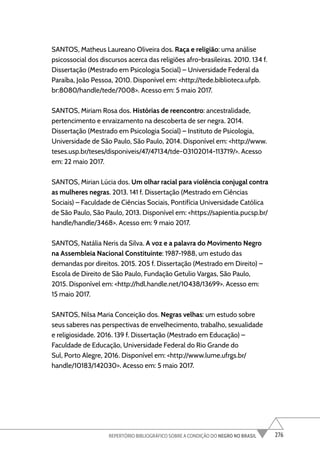 276
REPERTÓRIO BIBLIOGRÁFICO SOBRE A CONDIÇÃO DO NEGRO NO BRASIL
SANTOS, Matheus Laureano Oliveira dos. Raça e religião: uma análise
psicossocial dos discursos acerca das religiões afro-brasileiras. 2010. 134 f.
Dissertação (Mestrado em Psicologia Social) – Universidade Federal da
Paraíba, João Pessoa, 2010. Disponível em: <http://tede.biblioteca.ufpb.
br:8080/handle/tede/7008>. Acesso em: 5 maio 2017.
SANTOS, Miriam Rosa dos. Histórias de reencontro: ancestralidade,
pertencimento e enraizamento na descoberta de ser negra. 2014.
Dissertação (Mestrado em Psicologia Social) – Instituto de Psicologia,
Universidade de São Paulo, São Paulo, 2014. Disponível em: <http://www.
teses.usp.br/teses/disponiveis/47/47134/tde-03102014-113719/>. Acesso
em: 22 maio 2017.
SANTOS, Mirian Lúcia dos. Um olhar racial para violência conjugal contra
as mulheres negras. 2013. 141 f. Dissertação (Mestrado em Ciências
Sociais) – Faculdade de Ciências Sociais, Pontifícia Universidade Católica
de São Paulo, São Paulo, 2013. Disponível em: <https://sapientia.pucsp.br/
handle/handle/3468>. Acesso em: 9 maio 2017.
SANTOS, Natália Neris da Silva. A voz e a palavra do Movimento Negro
na Assembleia Nacional Constituinte: 1987-1988, um estudo das
demandas por direitos. 2015. 205 f. Dissertação (Mestrado em Direito) –
Escola de Direito de São Paulo, Fundação Getulio Vargas, São Paulo,
2015. Disponível em: <http://hdl.handle.net/10438/13699>. Acesso em:
15 maio 2017.
SANTOS, Nilsa Maria Conceição dos. Negras velhas: um estudo sobre
seus saberes nas perspectivas de envelhecimento, trabalho, sexualidade
e religiosidade. 2016. 139 f. Dissertação (Mestrado em Educação) –
Faculdade de Educação, Universidade Federal do Rio Grande do
Sul, Porto Alegre, 2016. Disponível em: <http://www.lume.ufrgs.br/
handle/10183/142030>. Acesso em: 5 maio 2017.
 