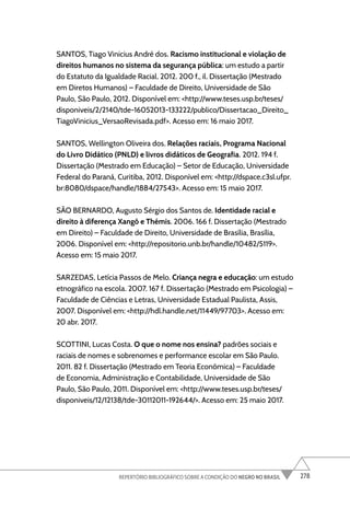 278
REPERTÓRIO BIBLIOGRÁFICO SOBRE A CONDIÇÃO DO NEGRO NO BRASIL
SANTOS, Tiago Vinicius André dos. Racismo institucional e violação de
direitos humanos no sistema da segurança pública: um estudo a partir
do Estatuto da Igualdade Racial. 2012. 200 f., il. Dissertação (Mestrado
em Diretos Humanos) – Faculdade de Direito, Universidade de São
Paulo, São Paulo, 2012. Disponível em: <http://www.teses.usp.br/teses/
disponiveis/2/2140/tde-16052013-133222/publico/Dissertacao_Direito_
TiagoVinicius_VersaoRevisada.pdf>. Acesso em: 16 maio 2017.
SANTOS, Wellington Oliveira dos. Relações raciais, Programa Nacional
do Livro Didático (PNLD) e livros didáticos de Geografia. 2012. 194 f.
Dissertação (Mestrado em Educação) – Setor de Educação, Universidade
Federal do Paraná, Curitiba, 2012. Disponível em: <http://dspace.c3sl.ufpr.
br:8080/dspace/handle/1884/27543>. Acesso em: 15 maio 2017.
SÃO BERNARDO, Augusto Sérgio dos Santos de. Identidade racial e
direito à diferença Xangô e Thémis. 2006. 166 f. Dissertação (Mestrado
em Direito) – Faculdade de Direito, Universidade de Brasília, Brasília,
2006. Disponível em: <http://repositorio.unb.br/handle/10482/5119>.
Acesso em: 15 maio 2017.
SARZEDAS, Letícia Passos de Melo. Criança negra e educação: um estudo
etnográfico na escola. 2007. 167 f. Dissertação (Mestrado em Psicologia) –
Faculdade de Ciências e Letras, Universidade Estadual Paulista, Assis,
2007. Disponível em: <http://hdl.handle.net/11449/97703>. Acesso em:
20 abr. 2017.
SCOTTINI, Lucas Costa. O que o nome nos ensina? padrões sociais e
raciais de nomes e sobrenomes e performance escolar em São Paulo.
2011. 82 f. Dissertação (Mestrado em Teoria Econômica) – Faculdade
de Economia, Administração e Contabilidade, Universidade de São
Paulo, São Paulo, 2011. Disponível em: <http://www.teses.usp.br/teses/
disponiveis/12/12138/tde-30112011-192644/>. Acesso em: 25 maio 2017.
 