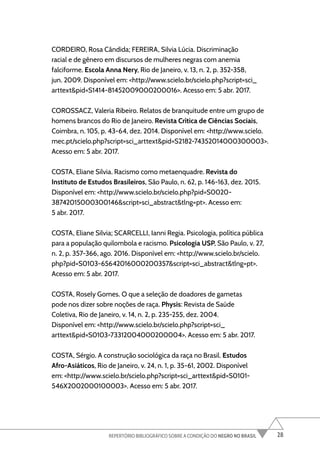 28
REPERTÓRIO BIBLIOGRÁFICO SOBRE A CONDIÇÃO DO NEGRO NO BRASIL
CORDEIRO, Rosa Cândida; FEREIRA, Silvia Lúcia. Discriminação
racial e de gênero em discursos de mulheres negras com anemia
falciforme. Escola Anna Nery, Rio de Janeiro, v. 13, n. 2, p. 352-358,
jun. 2009. Disponível em: <http://www.scielo.br/scielo.php?script=sci_
arttext&pid=S1414-81452009000200016>. Acesso em: 5 abr. 2017.
COROSSACZ, Valeria Ribeiro. Relatos de branquitude entre um grupo de
homens brancos do Rio de Janeiro. Revista Crítica de Ciências Sociais,
Coimbra, n. 105, p. 43-64, dez. 2014. Disponível em: <http://www.scielo.
mec.pt/scielo.php?script=sci_arttext&pid=S2182-74352014000300003>.
Acesso em: 5 abr. 2017.
COSTA, Eliane Silvia. Racismo como metaenquadre. Revista do
Instituto de Estudos Brasileiros, São Paulo, n. 62, p. 146-163, dez. 2015.
Disponível em: <http://www.scielo.br/scielo.php?pid=S0020-
38742015000300146&script=sci_abstract&tlng=pt>. Acesso em:
5 abr. 2017.
COSTA, Eliane Silvia; SCARCELLI, Ianni Regia. Psicologia, política pública
para a população quilombola e racismo. Psicologia USP, São Paulo, v. 27,
n. 2, p. 357-366, ago. 2016. Disponível em: <http://www.scielo.br/scielo.
php?pid=S0103-65642016000200357&script=sci_abstract&tlng=pt>.
Acesso em: 5 abr. 2017.
COSTA, Rosely Gomes. O que a seleção de doadores de gametas
pode nos dizer sobre noções de raça. Physis: Revista de Saúde
Coletiva, Rio de Janeiro, v. 14, n. 2, p. 235-255, dez. 2004.
Disponível em: <http://www.scielo.br/scielo.php?script=sci_
arttext&pid=S0103-73312004000200004>. Acesso em: 5 abr. 2017.
COSTA, Sérgio. A construção sociológica da raça no Brasil. Estudos
Afro-Asiáticos, Rio de Janeiro, v. 24, n. 1, p. 35-61, 2002. Disponível
em: <http://www.scielo.br/scielo.php?script=sci_arttext&pid=S0101-
546X2002000100003>. Acesso em: 5 abr. 2017.
 