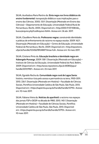 282
REPERTÓRIO BIBLIOGRÁFICO SOBRE A CONDIÇÃO DO NEGRO NO BRASIL
SILVA, Auxiliadora Maria Martins da. Etnia negra nos livros didáticos do
ensino fundamental: transposição didática e suas implicações para o
ensino das Ciências. 2005. 133 f. Dissertação (Mestrado em Ensino das
Ciências) – Departamento de Educação, Universidade Federal Rural de
Pernambuco, Recife, 2005. Disponível em: <http://200.17.137.108/tde_
busca/arquivo.php?codArquivo=1644>. Acesso em: 26 abr. 2017.
SILVA, Claudilene Maria da. Professoras negras: construindo identidades
e práticas de enfrentamento do racismo no espaço escolar. 2009. 162 f.
Dissertação (Mestrado em Educação) – Centro de Educação, Universidade
Federal de Pernambuco, Recife, 2009. Disponível em: <http://repositorio.
ufpe.br/handle/123456789/4887?show=full>. Acesso em: 16 maio 2017.
SILVA, Cristiano Pinto da. Educação brasileira e identidade negra em
Kabengele Munanga. 2009. 138 f. Dissertação (Mestrado em Educação) –
Instituto de Ciências da Educação, Universidade Federal do Pará, Belém,
2009. Disponível em: <http://www.repositorio.ufpa.br:8080/jspui/
handle/2011/1987>. Acesso em: 25 maio 2017.
SILVA, Egnaldo Rocha da. Comunidade negra rural de Lagoa Santa:
história, memória e luta pelo acesso e permanência na terra, 1950-2011.
2013. 226 f. Dissertação (Mestrado em História) – Faculdade de Ciências
Sociais, Pontifícia Universidade Católica de São Paulo, São Paulo, 2013.
Disponível em: <https://sapientia.pucsp.br/handle/handle/12795>. Acesso
em: 10 maio 2017.
SILVA, Fabiana Vieira da. Notícias do apartheid: o racismo nos espaços
dos jornais FSP e OESP na década de 1980. 2013. 145 f. Dissertação
(Mestrado em História) – Faculdade de Ciências Sociais, Pontifícia
Universidade Católica de São Paulo, São Paulo, 2013. Disponível
em: <https://sapientia.pucsp.br/handle/handle/12793>. Acesso em:
10 maio 2017.
 