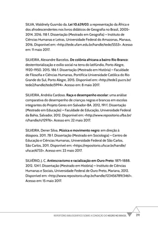 291
REPERTÓRIO BIBLIOGRÁFICO SOBRE A CONDIÇÃO DO NEGRO NO BRASIL
SILVA, Waldnely Gusmão da. Lei 10.639/03: a representação da África e
dos afrodescendentes nos livros didáticos de Geografia no Brasil, 2005-
2014. 2016. 118 f. Dissertação (Mestrado em Geografia) – Instituto de
Ciências Humanas e Letras, Universidade Federal do Amazonas, Manaus,
2016. Disponível em: <http://tede.ufam.edu.br/handle/tede/5553>. Acesso
em: 11 maio 2017.
SILVEIRA, Alexandre Barcelos. De colônia africana a bairro Rio Branco:
desterritorialização e exílio social na terra do latifúndio, Porto Alegre,
1920-1950. 2015. 186 f. Dissertação (Mestrado em História) – Faculdade
de Filosofia e Ciências Humanas, Pontifícia Universidade Católica do Rio
Grande do Sul, Porto Alegre, 2015. Disponível em: <http://tede2.pucrs.br/
tede2/handle/tede/5994>. Acesso em: 8 maio 2017.
SILVEIRA, Andréia Cardoso. Raça e desempenho escolar: uma análise
comparativa do desempenho de crianças negras e brancas em escolas
integrantes do Projeto Geres em Salvador-BA. 2012, 191 f. Dissertação
(Mestrado em Educação) – Faculdade de Educação, Universidade Federal
da Bahia, Salvador, 2012. Disponível em: <http://www.repositorio.ufba.br/
ri/handle/ri/12976>. Acesso em: 22 maio 2017.
SILVEIRA, Dener Silva. Música e movimento negro: em direção à
diáspora. 2011. 78 f. Dissertação (Mestrado em Sociologia) – Centro de
Educação e Ciências Humanas, Universidade Federal de São Carlos,
São Carlos, 2011. Disponível em: <https://repositorio.ufscar.br/handle/
ufscar/6733>. Acesso em: 22 maio 2017.
SILVÉRIO, J. C. Antiescravismo e racialização em Ouro Preto: 1871-1888.
2012. 124 f. Dissertação (Mestrado em História) – Instituto de Ciências
Humanas e Sociais, Universidade Federal de Ouro Preto, Mariana, 2012.
Disponível em: <http://www.repositorio.ufop.br/handle/123456789/3461>.
Acesso em: 15 maio 2017.
 