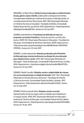 292
REPERTÓRIO BIBLIOGRÁFICO SOBRE A CONDIÇÃO DO NEGRO NO BRASIL
SIQUEIRA, Lia Maria Manso. Direito humano à educação e as determinantes
de raça, gênero, classe e família: análise sobre a interação entre famílias
monoparentais chefiadas por mulheres de cor preta e instituição escolar, no
município de Juiz de Fora, Minas Gerais. 2015. 148 f. Dissertação (Mestrado
em Direitos Humanos e Inovações) – Faculdade de Direito, Universidade
Federal de Juiz de Fora, Juiz de Fora, 2015. Disponível em: <https://repositorio.
ufjf.br/jspui/handle/ufjf/1763>. Acesso em: 16 maio 2017.
SOARES, José Norberto. A introdução da definição de raça nas
propostas curriculares brasileiras: a lente da nova lei e os olhos dos
alunos. 2009, 116 f. Dissertação (Mestrado em Educação) – Faculdade de
Educação, Universidade de São Paulo, São Paulo, 2009. Disponível em:
<http://www.teses.usp.br/teses/disponiveis/48/48134/tde-25092009-
090745/>. Acesso em: 22 maio 2017.
SOARES, Lucilene Aparecida. Materiais produzidos pelo Ministério
da Educação para orientar professores na direção de uma educação
para relações étnico-raciais. 2014. 160 f. Dissertação (Mestrado em
Educação) – Setor de Educação, Universidade Federal do Paraná, Curitiba,
2014. Disponível em: <http://acervodigital.ufpr.br/handle/1884/37252>.
Acesso em: 8 maio 2017.
SOARES, Marília Carvalho. Relações raciais e subjetividade de crianças
em uma escola particular na cidade de Salvador. 2011. 146 f. Dissertação
(Mestrado em Estudos Étnicos e Africanos) – Faculdade de Filosofia
e Ciências Humanas, Universidade Federal da Bahia, Salvador, 2011.
Disponível em: <https://repositorio.ufba.br/ri/handle/ri/14322>. Acesso
em: 15 maio 2017.
SOARES, Nicelma Josenila Brito. Relações sociais na escola:
representações de alunos negros sobre as relações que estabelecem
no espaço escolar. 2010. 181 f. Dissertação (Mestrado em Educação) –
Instituto de Ciências da Educação, Universidade Federal do Pará, Belém,
2010. Disponível em: <http://repositorio.ufpa.br/jspui/handle/2011/2688>.
Acesso em: 19 abr. 2017.
 