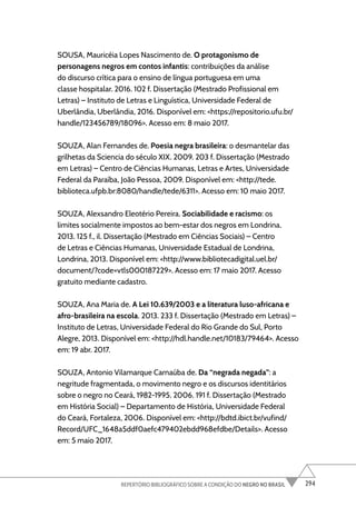 294
REPERTÓRIO BIBLIOGRÁFICO SOBRE A CONDIÇÃO DO NEGRO NO BRASIL
SOUSA, Mauricéia Lopes Nascimento de. O protagonismo de
personagens negros em contos infantis: contribuições da análise
do discurso crítica para o ensino de língua portuguesa em uma
classe hospitalar. 2016. 102 f. Dissertação (Mestrado Profissional em
Letras) – Instituto de Letras e Linguística, Universidade Federal de
Uberlândia, Uberlândia, 2016. Disponível em: <https://repositorio.ufu.br/
handle/123456789/18096>. Acesso em: 8 maio 2017.
SOUZA, Alan Fernandes de. Poesia negra brasileira: o desmantelar das
grilhetas da Sciencia do século XIX. 2009. 203 f. Dissertação (Mestrado
em Letras) – Centro de Ciências Humanas, Letras e Artes, Universidade
Federal da Paraíba, João Pessoa, 2009. Disponível em: <http://tede.
biblioteca.ufpb.br:8080/handle/tede/6311>. Acesso em: 10 maio 2017.
SOUZA, Alexsandro Eleotério Pereira. Sociabilidade e racismo: os
limites socialmente impostos ao bem-estar dos negros em Londrina.
2013. 125 f., il. Dissertação (Mestrado em Ciências Sociais) – Centro
de Letras e Ciências Humanas, Universidade Estadual de Londrina,
Londrina, 2013. Disponível em: <http://www.bibliotecadigital.uel.br/
document/?code=vtls000187229>. Acesso em: 17 maio 2017. Acesso
gratuito mediante cadastro.
SOUZA, Ana Maria de. A Lei 10.639/2003 e a literatura luso-africana e
afro-brasileira na escola. 2013. 233 f. Dissertação (Mestrado em Letras) –
Instituto de Letras, Universidade Federal do Rio Grande do Sul, Porto
Alegre, 2013. Disponível em: <http://hdl.handle.net/10183/79464>. Acesso
em: 19 abr. 2017.
SOUZA, Antonio Vilamarque Carnaúba de. Da “negrada negada”: a
negritude fragmentada, o movimento negro e os discursos identitários
sobre o negro no Ceará, 1982-1995. 2006. 191 f. Dissertação (Mestrado
em História Social) – Departamento de História, Universidade Federal
do Ceará, Fortaleza, 2006. Disponível em: <http://bdtd.ibict.br/vufind/
Record/UFC_1648a5ddf0aefc479402ebdd968efdbe/Details>. Acesso
em: 5 maio 2017.
 