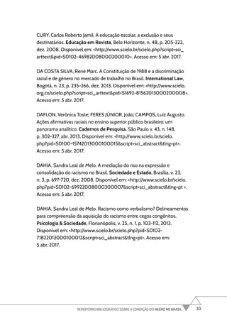 30
REPERTÓRIO BIBLIOGRÁFICO SOBRE A CONDIÇÃO DO NEGRO NO BRASIL
CURY, Carlos Roberto Jamil. A educação escolar, a exclusão e seus
destinatários. Educação em Revista, Belo Horizonte, n. 48, p. 205-222,
dez. 2008. Disponível em: <http://www.scielo.br/scielo.php?script=sci_
arttext&pid=S0102-46982008000200010>. Acesso em: 5 abr. 2017.
DA COSTA SILVA, René Marc. A Constituição de 1988 e a discriminação
racial e de género no mercado de trabalho no Brasil. International Law,
Bogotá, n. 23, p. 235-266, dez. 2013. Disponível em: <http://www.scielo.
org.co/scielo.php?script=sci_arttext&pid=S1692-81562013000200008>.
Acesso em: 5 abr. 2017.
DAFLON, Verônica Toste; FERES JÚNIOR, João; CAMPOS, Luiz Augusto.
Ações afirmativas raciais no ensino superior público brasileiro: um
panorama analítico. Cadernos de Pesquisa, São Paulo v. 43, n. 148,
p. 302-327, abr. 2013. Disponível em: <http://www.scielo.br/scielo.
php?pid=S0100-15742013000100015&script=sci_abstract&tlng=pt>.
Acesso em: 5 abr. 2017.
DAHIA, Sandra Leal de Melo. A mediação do riso na expressão e
consolidação do racismo no Brasil. Sociedade e Estado, Brasília, v. 23,
n. 3, p. 697-720, dez. 2008. Disponível em: <http://www.scielo.br/scielo.
php?pid=S0102-69922008000300007&script=sci_abstract&tlng=pt >.
Acesso em: 5 abr. 2017.
DAHIA, Sandra Leal de Melo. Racismo como verbalismo? Delineamentos
para compreensão da aquisição do racismo entre cegos congênitos.
Psicologia & Sociedade, Florianópolis, v. 25, n. 1, p. 103-112, 2013.
Disponível em: <http://www.scielo.br/scielo.php?pid=S0102-
71822013000100012&script=sci_abstract&tlng=pt>. Acesso em:
5 abr. 2017.
 