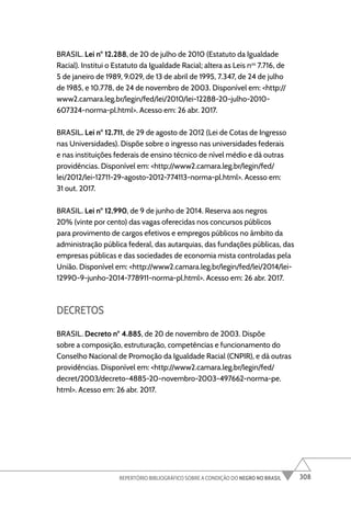 308
REPERTÓRIO BIBLIOGRÁFICO SOBRE A CONDIÇÃO DO NEGRO NO BRASIL
BRASIL. Lei nº 12.288, de 20 de julho de 2010 (Estatuto da Igualdade
Racial). Institui o Estatuto da Igualdade Racial; altera as Leis nos
7.716, de
5 de janeiro de 1989, 9.029, de 13 de abril de 1995, 7.347, de 24 de julho
de 1985, e 10.778, de 24 de novembro de 2003. Disponível em: <http://
www2.camara.leg.br/legin/fed/lei/2010/lei-12288-20-julho-2010-
607324-norma-pl.html>. Acesso em: 26 abr. 2017.
BRASIL. Lei nº 12.711, de 29 de agosto de 2012 (Lei de Cotas de Ingresso
nas Universidades). Dispõe sobre o ingresso nas universidades federais
e nas instituições federais de ensino técnico de nível médio e dá outras
providências. Disponível em: <http://www2.camara.leg.br/legin/fed/
lei/2012/lei-12711-29-agosto-2012-774113-norma-pl.html>. Acesso em:
31 out. 2017.
BRASIL. Lei nº 12.990, de 9 de junho de 2014. Reserva aos negros
20% (vinte por cento) das vagas oferecidas nos concursos públicos
para provimento de cargos efetivos e empregos públicos no âmbito da
administração pública federal, das autarquias, das fundações públicas, das
empresas públicas e das sociedades de economia mista controladas pela
União. Disponível em: <http://www2.camara.leg.br/legin/fed/lei/2014/lei-
12990-9-junho-2014-778911-norma-pl.html>. Acesso em: 26 abr. 2017.
DECRETOS
BRASIL. Decreto nº 4.885, de 20 de novembro de 2003. Dispõe
sobre a composição, estruturação, competências e funcionamento do
Conselho Nacional de Promoção da Igualdade Racial (CNPIR), e dá outras
providências. Disponível em: <http://www2.camara.leg.br/legin/fed/
decret/2003/decreto-4885-20-novembro-2003-497662-norma-pe.
html>. Acesso em: 26 abr. 2017.
 
