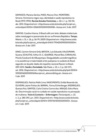 31
REPERTÓRIO BIBLIOGRÁFICO SOBRE A CONDIÇÃO DO NEGRO NO BRASIL
DAMASCO, Mariana Santos; MAIO, Marcos Chor; MONTEIRO,
Simone. Feminismo negro: raça, identidade e saúde reprodutiva no
Brasil (1975-1993). Revista Estudos Feministas, v. 20, n. 1, p. 133-151,
abr. 2012. Disponível em: <http://www.scielo.br/scielo.php?script=sci_
arttext&pid=S0104-026X2012000100008>. Acesso em: 5 abr. 2017.
DANTAS, Carolina Vianna. O Brasil café com leite: debates intelectuais
sobre mestiçagem e preconceito de cor na Primeira República. Tempo,
Niterói, v. 13, n. 26, p. 56-79, 2009. Disponível em: <http://www.scielo.
br/scielo.php?script=sci_arttext&pid=S1413-77042009000100004>.
Acesso em: 5 abr. 2017.
DINIZ, Carmen Simone Grilo; BATISTA, Luís Eduardo; KALCKMANN,
Suzana; SCHLITHZ, Arthur O. C.; QUEIROZ, Marcel Reis; CARVALHO,
Priscila Cavalcanti de Albuquerque. Desigualdades sociodemográficas
e na assistência à maternidade entre puérperas no sudeste do Brasil
segundo cor da pele: dados do inquérito nacional Nascer no Brasil,
2011-2012. Saúde e Sociedade, São Paulo, v. 25, n. 3, p. 561-572,
set. 2016. Disponível em: <http://www.scielo.br/scielo.php?pid=S0104-
12902016000300561&script=sci_abstract&tlng=pt>. Acesso em:
5 abr. 2017.
DOMINGUES, Patrícia Mallú Lima; NASCIMENTO, Enilda Rosendo do;
OLIVEIRA, Jeane Freitas de; BARRAL, Fanny Eichenberger; RODRIGUES,
Quessia Paz; SANTOS, Carla Cristina Carmo dos; ARAÚJO, Edna Maria
de. Discriminação racial no cuidado em saúde reprodutiva na percepção
de mulheres. Texto & Contexto – Enfermagem, Florianópolis, v. 22,
n. 2, p. 285-292, jun. 2013. Disponível em: <http://www.scielo.br/scielo.
php?script=sci_arttext&pid=S0104-07072013000200003>. Acesso
em: 5 abr. 2017.
 