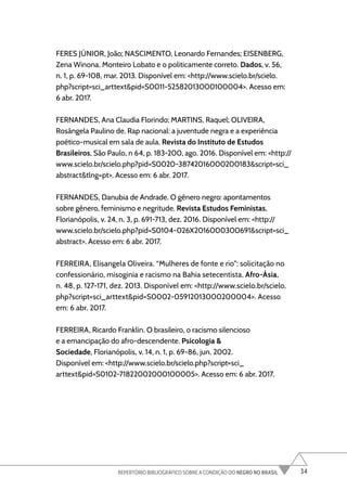 34
REPERTÓRIO BIBLIOGRÁFICO SOBRE A CONDIÇÃO DO NEGRO NO BRASIL
FERES JÚNIOR, João; NASCIMENTO, Leonardo Fernandes; EISENBERG,
Zena Winona. Monteiro Lobato e o politicamente correto. Dados, v. 56,
n. 1, p. 69-108, mar. 2013. Disponível em: <http://www.scielo.br/scielo.
php?script=sci_arttext&pid=S0011-52582013000100004>. Acesso em:
6 abr. 2017.
FERNANDES, Ana Claudia Florindo; MARTINS, Raquel; OLIVEIRA,
Rosângela Paulino de. Rap nacional: a juventude negra e a experiência
poético-musical em sala de aula. Revista do Instituto de Estudos
Brasileiros, São Paulo, n 64, p. 183-200, ago. 2016. Disponível em: <http://
www.scielo.br/scielo.php?pid=S0020-38742016000200183&script=sci_
abstract&tlng=pt>. Acesso em: 6 abr. 2017.
FERNANDES, Danubia de Andrade. O gênero negro: apontamentos
sobre gênero, feminismo e negritude. Revista Estudos Feministas,
Florianópolis, v. 24, n. 3, p. 691-713, dez. 2016. Disponível em: <http://
www.scielo.br/scielo.php?pid=S0104-026X2016000300691&script=sci_
abstract>. Acesso em: 6 abr. 2017.
FERREIRA, Elisangela Oliveira. “Mulheres de fonte e rio”: solicitação no
confessionário, misoginia e racismo na Bahia setecentista. Afro-Ásia,
n. 48, p. 127-171, dez. 2013. Disponível em: <http://www.scielo.br/scielo.
php?script=sci_arttext&pid=S0002-05912013000200004>. Acesso
em: 6 abr. 2017.
FERREIRA, Ricardo Franklin. O brasileiro, o racismo silencioso
e a emancipação do afro-descendente. Psicologia &
Sociedade, Florianópolis, v. 14, n. 1, p. 69-86, jun. 2002.
Disponível em: <http://www.scielo.br/scielo.php?script=sci_
arttext&pid=S0102-71822002000100005>. Acesso em: 6 abr. 2017.
 