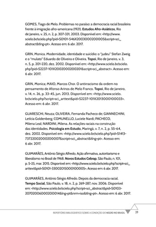 39
REPERTÓRIO BIBLIOGRÁFICO SOBRE A CONDIÇÃO DO NEGRO NO BRASIL
GOMES, Tiago de Melo. Problemas no paraíso: a democracia racial brasileira
frente à imigração afro-americana (1921). Estudos Afro-Asiáticos, Rio
de Janeiro, v. 25, n. 2, p. 307-331, 2003. Disponível em: <http://www.
scielo.br/scielo.php?pid=S0101-546X2003000200005&script=sci_
abstract&tlng=pt>. Acesso em: 6 abr. 2017.
GRIN, Monica. Modernidade, identidade e suicídio: o “judeu” Stefan Zweig
e o “mulato” Eduardo de Oliveira e Oliveira. Topoi, Rio de Janeiro, v. 3,
n. 5, p. 201-220, dez. 2002. Disponível em: <http://www.scielo.br/scielo.
php?pid=S2237-101X2002000200201&script=sci_abstract>. Acesso em:
6 abr. 2017.
GRIN, Monica; MAIO, Marcos Chor. O antirracismo da ordem no
pensamento de Afonso Arinos de Melo Franco. Topoi, Rio de Janeiro,
v. 14, n. 26, p. 33-45, jun. 2013. Disponível em: <http://www.scielo.
br/scielo.php?script=sci_arttext&pid=S2237-101X2013000100033>.
Acesso em: 6 abr. 2017.
GUARESCHI, Neuza; OLIVEIRA, Fernanda Pacheco de; GIANNECHINI,
Letícia Goldenberg; COMUNELLO, Luciele Nardi; PACHECO,
Milena Leal; NARDINI, Milena. As relações raciais na construção
das identidades. Psicologia em Estudo, Maringá, v. 7, n. 2, p. 55-64,
dez. 2002. Disponível em: <http://www.scielo.br/scielo.php?pid=S1413-
73722002000200007&script=sci_abstract&tlng=pt>. Acesso em:
6 abr. 2017.
GUIMARÃES, Antônio Sérgio Alfredo. Ação afirmativa, autoritarismo e
liberalismo no Brasil de 1968. Novos Estudos Cebrap, São Paulo, n. 101,
p. 5-25, mar. 2015. Disponível em: <http://www.scielo.br/scielo.php?script=sci_
arttext&pid=S0101-33002015000100005>. Acesso em: 6 abr. 2017.
GUIMARÃES, Antônio Sérgio Alfredo. Depois da democracia racial.
Tempo Social, São Paulo, v. 18, n. 2, p. 269-287, nov. 2006. Disponível
em: <http://www.scielo.br/scielo.php?script=sci_abstract&pid=S0103-
20702006000200014&lng=pt&nrm=iso&tlng=pt>. Acesso em: 6 abr. 2017.
 
