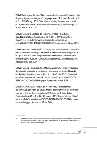 55
REPERTÓRIO BIBLIOGRÁFICO SOBRE A CONDIÇÃO DO NEGRO NO BRASIL
OLIVEIRA, Luciano Amaral. “Mate um nordestino afogado”: análise crítica
de um artigo da revista época.12
Linguagem em (Dis)curso, Tubarão, v. 11,
n. 2, p. 361-376, ago. 2011. Disponível em: <http://www.scielo.br/scielo.
php?pid=S1518-76322011000200008&script=sci_abstract&tlng=pt>.
Acesso em: 10 abr. 2017.
OLIVEIRA, Luís R. Cardoso de. Racismo, direitos e cidadania.
Estudos Avançados, São Paulo, v. 18, n. 50, p. 81-93, abr. 2004.
Disponível em: <http://www.scielo.br/scielo.php?script=sci_
arttext&pid=S0103-40142004000100009>. Acesso em: 10 abr. 2017.
OLIVEIRA, Luiz Fernandes de. Educação antirracista: tensões e desafios
para o ensino de sociologia. Educação e Realidade, Porto Alegre, v. 39,
n. 1, p. 81-98, mar. 2014. Disponível em: <http://www.scielo.br/scielo.
php?pid=S2175-62362014000100006&script=sci_abstract&tlng=pt>.
Acesso em: 10 abr. 2017.
OLIVEIRA, Luiz Fernandes de; CANDAU, Vera Maria Ferrão. Pedagogia
decolonial e educação antirracista e intercultural no Brasil. Educação
em Revista, Belo Horizonte, v. 26, n. 1, p. 15-40, abr. 2010. Disponível
em: <http://www.scielo.br/scielo.php?script=sci_arttext&pid=S0102-
46982010000100002&lang=pt>. Acesso em: 10 abr. 2017.
OLIVEIRA, Maria Luisa Pereira de; MENEGHEL, Stela Nazareth;
BERNARDES, Jefferson de Souza. Modos de subjetivação de mulheres
negras: efeitos da discriminação racial. Psicologia & Sociedade,
Florianópolis, v. 21, n. 2, p. 266-274, ago. 2009. Disponível em: <http://
www.scielo.br/scielo.php?pid=S0102-71822009000200014&script=sci_
abstract&tlng=pt>. Acesso em 12 abr. 2017.
12 Apesar de o artigo focar o preconceito recente contra nordestino, o autor aborda a questão do
racismo histórico contra a população negra, predominante no Nordeste, e sua influência no
racismo contra nordestinos em geral.
 