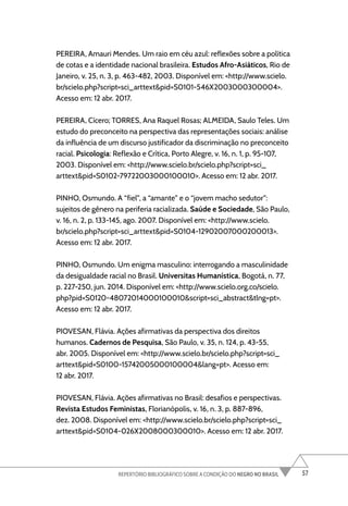 57
REPERTÓRIO BIBLIOGRÁFICO SOBRE A CONDIÇÃO DO NEGRO NO BRASIL
PEREIRA, Amauri Mendes. Um raio em céu azul: reflexões sobre a política
de cotas e a identidade nacional brasileira. Estudos Afro-Asiáticos, Rio de
Janeiro, v. 25, n. 3, p. 463-482, 2003. Disponível em: <http://www.scielo.
br/scielo.php?script=sci_arttext&pid=S0101-546X2003000300004>.
Acesso em: 12 abr. 2017.
PEREIRA, Cícero; TORRES, Ana Raquel Rosas; ALMEIDA, Saulo Teles. Um
estudo do preconceito na perspectiva das representações sociais: análise
da influência de um discurso justificador da discriminação no preconceito
racial. Psicologia: Reflexão e Crítica, Porto Alegre, v. 16, n. 1, p. 95-107,
2003. Disponível em: <http://www.scielo.br/scielo.php?script=sci_
arttext&pid=S0102-79722003000100010>. Acesso em: 12 abr. 2017.
PINHO, Osmundo. A “fiel”, a “amante” e o “jovem macho sedutor”:
sujeitos de gênero na periferia racializada. Saúde e Sociedade, São Paulo,
v. 16, n. 2, p. 133-145, ago. 2007. Disponível em: <http://www.scielo.
br/scielo.php?script=sci_arttext&pid=S0104-12902007000200013>.
Acesso em: 12 abr. 2017.
PINHO, Osmundo. Um enigma masculino: interrogando a masculinidade
da desigualdade racial no Brasil. Universitas Humanística, Bogotá, n. 77,
p. 227-250, jun. 2014. Disponível em: <http://www.scielo.org.co/scielo.
php?pid=S0120-48072014000100010&script=sci_abstract&tlng=pt>.
Acesso em: 12 abr. 2017.
PIOVESAN, Flávia. Ações afirmativas da perspectiva dos direitos
humanos. Cadernos de Pesquisa, São Paulo, v. 35, n. 124, p. 43-55,
abr. 2005. Disponível em: <http://www.scielo.br/scielo.php?script=sci_
arttext&pid=S0100-15742005000100004&lang=pt>. Acesso em:
12 abr. 2017.
PIOVESAN, Flávia. Ações afirmativas no Brasil: desafios e perspectivas.
Revista Estudos Feministas, Florianópolis, v. 16, n. 3, p. 887-896,
dez. 2008. Disponível em: <http://www.scielo.br/scielo.php?script=sci_
arttext&pid=S0104-026X2008000300010>. Acesso em: 12 abr. 2017.
 