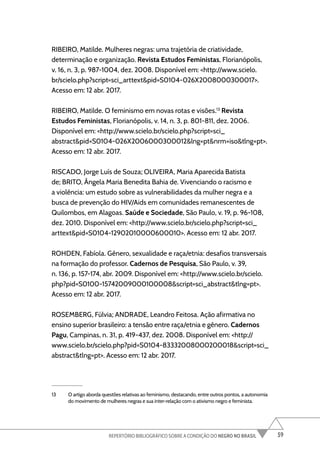 59
REPERTÓRIO BIBLIOGRÁFICO SOBRE A CONDIÇÃO DO NEGRO NO BRASIL
RIBEIRO, Matilde. Mulheres negras: uma trajetória de criatividade,
determinação e organização. Revista Estudos Feministas, Florianópolis,
v. 16, n. 3, p. 987-1004, dez. 2008. Disponível em: <http://www.scielo.
br/scielo.php?script=sci_arttext&pid=S0104-026X2008000300017>.
Acesso em: 12 abr. 2017.
RIBEIRO, Matilde. O feminismo em novas rotas e visões.13
Revista
Estudos Feministas, Florianópolis, v. 14, n. 3, p. 801-811, dez. 2006.
Disponível em: <http://www.scielo.br/scielo.php?script=sci_
abstract&pid=S0104-026X2006000300012&lng=pt&nrm=iso&tlng=pt>.
Acesso em: 12 abr. 2017.
RISCADO, Jorge Luís de Souza; OLIVEIRA, Maria Aparecida Batista
de; BRITO, Ângela Maria Benedita Bahia de. Vivenciando o racismo e
a violência: um estudo sobre as vulnerabilidades da mulher negra e a
busca de prevenção do HIV/Aids em comunidades remanescentes de
Quilombos, em Alagoas. Saúde e Sociedade, São Paulo, v. 19, p. 96-108,
dez. 2010. Disponível em: <http://www.scielo.br/scielo.php?script=sci_
arttext&pid=S0104-12902010000600010>. Acesso em: 12 abr. 2017.
ROHDEN, Fabíola. Gênero, sexualidade e raça/etnia: desafios transversais
na formação do professor. Cadernos de Pesquisa, São Paulo, v. 39,
n. 136, p. 157-174, abr. 2009. Disponível em: <http://www.scielo.br/scielo.
php?pid=S0100-15742009000100008&script=sci_abstract&tlng=pt>.
Acesso em: 12 abr. 2017.
ROSEMBERG, Fúlvia; ANDRADE, Leandro Feitosa. Ação afirmativa no
ensino superior brasileiro: a tensão entre raça/etnia e gênero. Cadernos
Pagu, Campinas, n. 31, p. 419-437, dez. 2008. Disponível em: <http://
www.scielo.br/scielo.php?pid=S0104-83332008000200018&script=sci_
abstract&tlng=pt>. Acesso em: 12 abr. 2017.
13 O artigo aborda questões relativas ao feminismo, destacando, entre outros pontos, a autonomia
do movimento de mulheres negras e sua inter-relação com o ativismo negro e feminista.
 