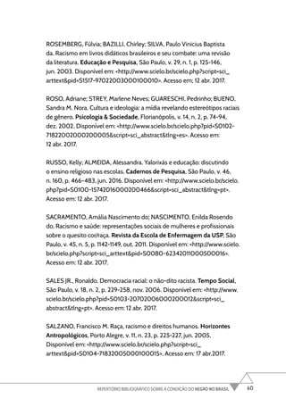 60
REPERTÓRIO BIBLIOGRÁFICO SOBRE A CONDIÇÃO DO NEGRO NO BRASIL
ROSEMBERG, Fúlvia; BAZILLI, Chirley; SILVA, Paulo Vinicius Baptista
da. Racismo em livros didáticos brasileiros e seu combate: uma revisão
da literatura. Educação e Pesquisa, São Paulo, v. 29, n. 1, p. 125-146,
jun. 2003. Disponível em: <http://www.scielo.br/scielo.php?script=sci_
arttext&pid=S1517-97022003000100010>. Acesso em; 12 abr. 2017.
ROSO, Adriane; STREY, Marlene Neves; GUARESCHI, Pedrinho; BUENO,
Sandra M. Nora. Cultura e ideologia: a mídia revelando estereótipos raciais
de gênero. Psicologia & Sociedade, Florianópolis, v. 14, n. 2, p. 74-94,
dez. 2002. Disponível em: <http://www.scielo.br/scielo.php?pid=S0102-
71822002000200005&script=sci_abstract&tlng=es>. Acesso em:
12 abr. 2017.
RUSSO, Kelly; ALMEIDA, Alessandra. Yalorixás e educação: discutindo
o ensino religioso nas escolas. Cadernos de Pesquisa, São Paulo, v. 46,
n. 160, p. 466-483, jun. 2016. Disponível em: <http://www.scielo.br/scielo.
php?pid=S0100-15742016000200466&script=sci_abstract&tlng=pt>.
Acesso em: 12 abr. 2017.
SACRAMENTO, Amália Nascimento do; NASCIMENTO, Enilda Rosendo
do. Racismo e saúde: representações sociais de mulheres e profissionais
sobre o quesito cor/raça. Revista da Escola de Enfermagem da USP, São
Paulo, v. 45, n. 5, p. 1142-1149, out. 2011. Disponível em: <http://www.scielo.
br/scielo.php?script=sci_arttext&pid=S0080-62342011000500016>.
Acesso em: 12 abr. 2017.
SALES JR., Ronaldo. Democracia racial: o não-dito racista. Tempo Social,
São Paulo, v. 18, n. 2, p. 229-258, nov. 2006. Disponível em: <http://www.
scielo.br/scielo.php?pid=S0103-20702006000200012&script=sci_
abstract&tlng=pt>. Acesso em: 12 abr. 2017.
SALZANO, Francisco M. Raça, racismo e direitos humanos. Horizontes
Antropológicos, Porto Alegre, v. 11, n. 23, p. 225-227, jun. 2005.
Disponível em: <http://www.scielo.br/scielo.php?script=sci_
arttext&pid=S0104-71832005000100015>. Acesso em: 17 abr.2017.
 