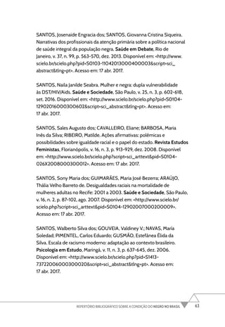 63
REPERTÓRIO BIBLIOGRÁFICO SOBRE A CONDIÇÃO DO NEGRO NO BRASIL
SANTOS, Josenaide Engracia dos; SANTOS, Giovanna Cristina Siqueira.
Narrativas dos profissionais da atenção primária sobre a política nacional
de saúde integral da população negra. Saúde em Debate, Rio de
Janeiro, v. 37, n. 99, p. 563-570, dez. 2013. Disponível em: <http://www.
scielo.br/scielo.php?pid=S0103-11042013000400003&script=sci_
abstract&tlng=pt>. Acesso em: 17 abr. 2017.
SANTOS, Naila Janilde Seabra. Mulher e negra: dupla vulnerabilidade
às DST/HIV/Aids. Saúde e Sociedade, São Paulo, v. 25, n. 3, p. 602-618,
set. 2016. Disponível em: <http://www.scielo.br/scielo.php?pid=S0104-
12902016000300602&script=sci_abstract&tlng=pt>. Acesso em:
17 abr. 2017.
SANTOS, Sales Augusto dos; CAVALLEIRO, Eliane; BARBOSA, Maria
Inês da Silva; RIBEIRO, Matilde. Ações afirmativas: polêmicas e
possibilidades sobre igualdade racial e o papel do estado. Revista Estudos
Feministas, Florianópolis, v. 16, n. 3, p. 913-929, dez. 2008. Disponível
em: <http://www.scielo.br/scielo.php?script=sci_arttext&pid=S0104-
026X2008000300012>. Acesso em: 17 abr. 2017.
SANTOS, Sony Maria dos; GUIMARÃES, Maria José Bezerra; ARAÚJO,
Thália Velho Barreto de. Desigualdades raciais na mortalidade de
mulheres adultas no Recife: 2001 a 2003. Saúde e Sociedade, São Paulo,
v. 16, n. 2, p. 87-102, ago. 2007. Disponível em: <http://www.scielo.br/
scielo.php?script=sci_arttext&pid=S0104-12902007000200009>.
Acesso em: 17 abr. 2017.
SANTOS, Walberto Silva dos; GOUVEIA, Valdiney V.; NAVAS, María
Soledad; PIMENTEL, Carlos Eduardo; GUSMÃO, Estefânea Élida da
Silva. Escala de racismo moderno: adaptação ao contexto brasileiro.
Psicologia em Estudo, Maringá, v. 11, n. 3, p. 637-645, dez. 2006.
Disponível em: <http://www.scielo.br/scielo.php?pid=S1413-
73722006000300020&script=sci_abstract&tlng=pt>. Acesso em:
17 abr. 2017.
 
