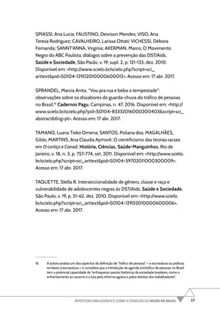 69
REPERTÓRIO BIBLIOGRÁFICO SOBRE A CONDIÇÃO DO NEGRO NO BRASIL
SPIASSI, Ana Lucia; FAUSTINO, Deivison Mendes; VISO, Ana
Teresa Rodriguez; CAVALHEIRO, Larissa Ottati; VICHESSI, Débora
Fernanda; SANNT’ANNA, Virginia; AKERMAN, Marco. O Movimento
Negro do ABC Paulista: diálogos sobre a prevenção das DST/Aids.
Saúde e Sociedade, São Paulo, v. 19, supl. 2, p. 121-133, dez. 2010.
Disponível em: <http://www.scielo.br/scielo.php?script=sci_
arttext&pid=S0104-12902010000600012>. Acesso em: 17 abr. 2017.
SPRANDEL, Marcia Anita. “Vou pra rua e bebo a tempestade”:
observações sobre os dissabores do guarda-chuva do tráfico de pessoas
no Brasil.16
Cadernos Pagu, Campinas, n. 47, 2016. Disponível em: <http://
www.scielo.br/scielo.php?pid=S0104-83332016000200403&script=sci_
abstract&tlng=pt>. Acesso em: 17 abr. 2017.
TAMANO, Luana Tieko Omena; SANTOS, Poliana dos; MAGALHÃES,
Gildo; MARTINS, Ana Claudia Aymoré. O cientificismo das teorias raciais
em O cortiço e Canaã. História, Ciências, Saúde-Manguinhos, Rio de
Janeiro, v. 18, n. 3, p. 757-774, set. 2011. Disponível em: <http://www.scielo.
br/scielo.php?script=sci_arttext&pid=S0104-59702011000300009>.
Acesso em: 17 abr. 2017.
TAQUETTE, Stella R. Interseccionalidade de gênero, classe e raça e
vulnerabilidade de adolescentes negras às DST/Aids. Saúde e Sociedade,
São Paulo, v. 19, p. 51-62, dez. 2010. Disponível em: <http://www.scielo.
br/scielo.php?script=sci_arttext&pid=S0104-12902010000600006>.
Acesso em: 17 abr. 2017.
16 A autora analisa um dos aspectos da definição de “tráfico de pessoas” – a escravatura ou práticas
similares à escravatura – e considera que a introdução da agenda antitráfico de pessoas no Brasil
tem a potencial capacidade de “enfraquecer pautas históricas da sociedade brasileira, como o
enfrentamento ao racismo e a luta pela reforma agrária e pelos direitos dos trabalhadores”.
 