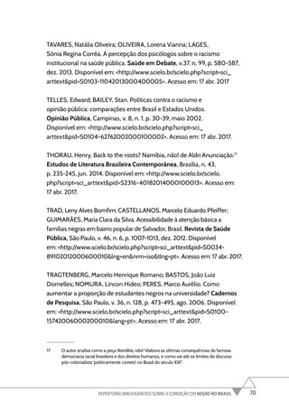 70
REPERTÓRIO BIBLIOGRÁFICO SOBRE A CONDIÇÃO DO NEGRO NO BRASIL
TAVARES, Natália Oliveira; OLIVEIRA, Lorena Vianna; LAGES,
Sônia Regina Corrêa. A percepção dos psicólogos sobre o racismo
institucional na saúde pública. Saúde em Debate, v.37. n. 99, p. 580-587,
dez. 2013. Disponível em: <http://www.scielo.br/scielo.php?script=sci_
arttext&pid=S0103-11042013000400005>. Acesso em: 17 abr. 2017
TELLES, Edward; BAILEY, Stan. Políticas contra o racismo e
opinião pública: comparações entre Brasil e Estados Unidos.
Opinião Pública, Campinas, v. 8, n. 1, p. 30-39, maio 2002.
Disponível em: <http://www.scielo.br/scielo.php?script=sci_
arttext&pid=S0104-62762002000100002>. Acesso em: 17 abr. 2017.
THORAU, Henry. Back to the roots? Namíbia, não! de Aldri Anunciação.17
Estudos de Literatura Brasileira Contemporânea, Brasília, n. 43,
p. 235-245, jun. 2014. Disponível em: <http://www.scielo.br/scielo.
php?script=sci_arttext&pid=S2316-40182014000100013>. Acesso em:
17 abr. 2017.
TRAD, Leny Alves Bomfim; CASTELLANOS, Marcelo Eduardo Pfeiffer;
GUIMARÃES, Maria Clara da Silva. Acessibilidade à atenção básica a
famílias negras em bairro popular de Salvador, Brasil. Revista de Saúde
Pública, São Paulo, v. 46, n. 6, p. 1007-1013, dez. 2012. Disponível
em: <http://www.scielo.br/scielo.php?script=sci_arttext&pid=S0034-
89102012000600010&lng=en&nrm=iso&tlng=pt>. Acesso em: 17 abr. 2017.
TRAGTENBERG, Marcelo Henrique Romano; BASTOS, João Luiz
Dornelles; NOMURA, Lincon Hideo; PERES, Marco Aurélio. Como
aumentar a proporção de estudantes negros na universidade? Cadernos
de Pesquisa, São Paulo, v. 36, n. 128, p. 473-495, ago. 2006. Disponível
em: <http://www.scielo.br/scielo.php?script=sci_arttext&pid=S0100-
15742006000200010&lang=pt>. Acesso em: 17 abr. 2017.
17 O autor analisa como a peça Namíbia, não! “elabora as últimas consequências da famosa
democracia racial brasileira e dos direitos humanos, e como vai até os limites do discurso
pós-colonialista ‘politicamente correto’ no Brasil do século XXI”.
 