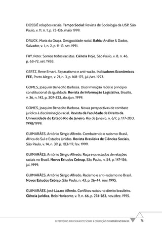 76
REPERTÓRIO BIBLIOGRÁFICO SOBRE A CONDIÇÃO DO NEGRO NO BRASIL
DOSSIÊ relações raciais. Tempo Social: Revista de Sociologia da USP, São
Paulo, v. 11, n. 1, p. 75-136, maio 1999.
DRUCK, Maria da Graça. Desigualdade racial. Bahia: Análise & Dados,
Salvador, v. 1, n. 2, p. 11-13, set. 1991.
FRY, Peter. Somos todos racistas. Ciência Hoje, São Paulo, v. 8, n. 46,
p. 68-72, set. 1988.
GERTZ, Rene Ernani. Separatismo e anti-razão. Indicadores Econômicos
FEE, Porto Alegre, v. 21, n. 3, p. 168-175, jul./set. 1993.
GOMES, Joaquim Benedito Barbosa. Discriminação racial e princípio
constitucional da igualdade. Revista de Informação Legislativa, Brasília,
v. 36, n. 142, p. 307-323, abr./jun. 1999.
GOMES, Joaquim Benedito Barbosa. Novas perspectivas de combate
jurídico à discriminação racial. Revista da Faculdade de Direito da
Universidade do Estado Rio de Janeiro, Rio de Janeiro, n. 6/7, p. 177-200,
1998/1999.
GUIMARÃES, Antônio Sérgio Alfredo. Combatendo o racismo: Brasil,
África do Sul e Estados Unidos. Revista Brasileira de Ciências Sociais,
São Paulo, v. 14, n. 39, p. 103-117, fev. 1999.
GUIMARÃES, Antônio Sérgio Alfredo. Raça e os estudos de relações
raciais no Brasil. Novos Estudos Cebrap, São Paulo, n. 54, p. 147-156,
jul. 1999.
GUIMARÃES, Antônio Sérgio Alfredo. Racismo e anti-racismo no Brasil.
Novos Estudos Cebrap, São Paulo, n. 43, p. 26-44, nov. 1995.
GUIMARÃES, José Lázaro Alfredo. Conflitos raciais no direito brasileiro.
Ciência Jurídica, Belo Horizonte, v. 9, n. 66, p. 274-283, nov./dez. 1995.
 