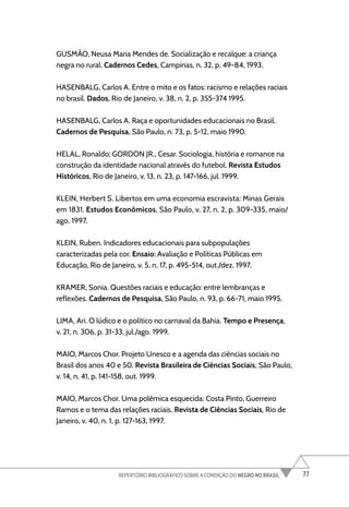 77
REPERTÓRIO BIBLIOGRÁFICO SOBRE A CONDIÇÃO DO NEGRO NO BRASIL
GUSMÃO, Neusa Maria Mendes de. Socialização e recalque: a criança
negra no rural. Cadernos Cedes, Campinas, n. 32, p. 49-84, 1993.
HASENBALG, Carlos A. Entre o mito e os fatos: racismo e relações raciais
no brasil. Dados, Rio de Janeiro, v. 38, n. 2, p. 355-374 1995.
HASENBALG, Carlos A. Raça e oportunidades educacionais no Brasil.
Cadernos de Pesquisa, São Paulo, n. 73, p. 5-12, maio 1990.
HELAL, Ronaldo; GORDON JR., Cesar. Sociologia, história e romance na
construção da identidade nacional através do futebol. Revista Estudos
Históricos, Rio de Janeiro, v. 13, n. 23, p. 147-166, jul. 1999.
KLEIN, Herbert S. Libertos em uma economia escravista: Minas Gerais
em 1831. Estudos Econômicos, São Paulo, v. 27, n. 2, p. 309-335, maio/
ago. 1997.
KLEIN, Ruben. Indicadores educacionais para subpopulações
caracterizadas pela cor. Ensaio: Avaliação e Políticas Públicas em
Educação, Rio de Janeiro, v. 5, n. 17, p. 495-514, out./dez. 1997.
KRAMER, Sonia. Questões raciais e educação: entre lembranças e
reflexões. Cadernos de Pesquisa, São Paulo, n. 93, p. 66-71, maio 1995.
LIMA, Ari. O lúdico e o político no carnaval da Bahia. Tempo e Presença,
v. 21, n. 306, p. 31-33, jul./ago. 1999.
MAIO, Marcos Chor. Projeto Unesco e a agenda das ciências sociais no
Brasil dos anos 40 e 50. Revista Brasileira de Ciências Sociais, São Paulo,
v. 14, n. 41, p. 141-158, out. 1999.
MAIO, Marcos Chor. Uma polêmica esquecida: Costa Pinto, Guerreiro
Ramos e o tema das relações raciais. Revista de Ciências Sociais, Rio de
Janeiro, v. 40, n. 1, p. 127-163, 1997.
 