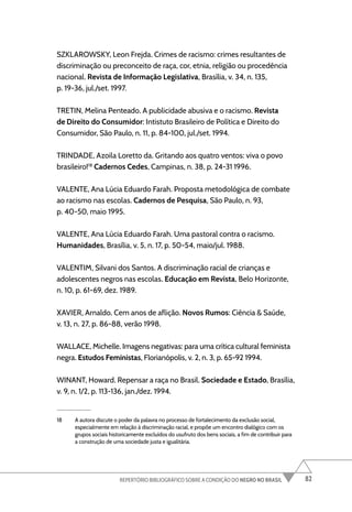 82
REPERTÓRIO BIBLIOGRÁFICO SOBRE A CONDIÇÃO DO NEGRO NO BRASIL
SZKLAROWSKY, Leon Frejda. Crimes de racismo: crimes resultantes de
discriminação ou preconceito de raça, cor, etnia, religião ou procedência
nacional. Revista de Informação Legislativa, Brasília, v. 34, n. 135,
p. 19-36, jul./set. 1997.
TRETIN, Melina Penteado. A publicidade abusiva e o racismo. Revista
de Direito do Consumidor: Intistuto Brasileiro de Política e Direito do
Consumidor, São Paulo, n. 11, p. 84-100, jul./set. 1994.
TRINDADE, Azoila Loretto da. Gritando aos quatro ventos: viva o povo
brasileiro!18
Cadernos Cedes, Campinas, n. 38, p. 24-31 1996.
VALENTE, Ana Lúcia Eduardo Farah. Proposta metodológica de combate
ao racismo nas escolas. Cadernos de Pesquisa, São Paulo, n. 93,
p. 40-50, maio 1995.
VALENTE, Ana Lúcia Eduardo Farah. Uma pastoral contra o racismo.
Humanidades, Brasília, v. 5, n. 17, p. 50-54, maio/jul. 1988.
VALENTIM, Silvani dos Santos. A discriminação racial de crianças e
adolescentes negros nas escolas. Educação em Revista, Belo Horizonte,
n. 10, p. 61-69, dez. 1989.
XAVIER, Arnaldo. Cem anos de aflição. Novos Rumos: Ciência & Saúde,
v. 13, n. 27, p. 86-88, verão 1998.
WALLACE, Michelle. Imagens negativas: para uma crítica cultural feminista
negra. Estudos Feministas, Florianópolis, v. 2, n. 3, p. 65-92 1994.
WINANT, Howard. Repensar a raça no Brasil. Sociedade e Estado, Brasília,
v. 9, n. 1/2, p. 113-136, jan./dez. 1994.
18 A autora discute o poder da palavra no processo de fortalecimento da exclusão social,
especialmente em relação à discriminação racial, e propõe um encontro dialógico com os
grupos sociais historicamente excluídos do usufruto dos bens sociais, a fim de contribuir para
a construção de uma sociedade justa e igualitária.
 