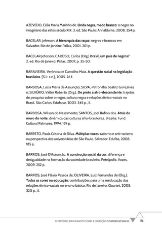 86
REPERTÓRIO BIBLIOGRÁFICO SOBRE A CONDIÇÃO DO NEGRO NO BRASIL
AZEVEDO, Célia Maria Marinho de. Onda negra, medo branco: o negro no
imaginário das elites século XIX. 3. ed. São Paulo: Annablume, 2008. 254 p.
BACELAR, Jeferson. A hierarquia das raças: negros e brancos em
Salvador. Rio de Janeiro: Pallas, 2001. 201 p.
BACELAR Jeferson, CAROSO, Carlos (Org.) Brasil, um país de negros?
2. ed. Rio de Janeiro: Pallas, 2007, p. 35-50.
BARAVIEIRA, Verônica de Carvalho Maia. A questão racial na legislação
brasileira. [S.l.: s.n.], 2005. 26 f.
BARBOSA, Lúcia Maria de Assunção; SILVA, Petronilha Beatriz Gonçalves
e; SILVÉRIO, Valter Roberto (Org.). De preto a afro-descendente: trajetos
de pesquisa sobre o negro, cultura negra e relações étnico-raciais no
Brasil. São Carlos: Edufscar, 2003. 345 p., il.
BARBOSA, Wilson do Nascimento; SANTOS, Joel Rufino dos. Atrás do
muro da noite: dinâmica das culturas afro-brasileiras. Brasília: Fund.
Cultural Palmares, 1994. 169 p.
BARRETO, Paula Cristina da Silva. Múltiplas vozes: racismo e anti-racismo
na perspectiva dos universitários de São Paulo. Salvador: Edufba, 2008.
185 p.
BARROS, José D’Assunção. A construção social da cor: diferença e
desigualdade na formação da sociedade brasileira. Petrópolis: Vozes,
2009. 252 p.
BARROS, José Flávio Pessoa de; OLIVEIRA, Luiz Fernandes de (Org.).
Todas as cores na educação: contribuições para uma reeducação das
relações étnico-raciais no ensino básico. Rio de Janeiro: Quartet, 2008.
320 p., il.
 