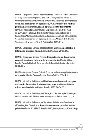 89
REPERTÓRIO BIBLIOGRÁFICO SOBRE A CONDIÇÃO DO NEGRO NO BRASIL
BRASIL. Congresso. Câmara dos Deputados. Comissão Externa destinada
a acompanhar a realização das oito audiências preparatórias da II
Conferência Mundial de Combate ao Racismo, Xenofobia e Intolerâncias
Correlatas, a realizar-se em agosto de 2001, na África do Sul. Políticas
públicas e ações afirmativas para a população afrodescendente:
seminário realizado na Câmara dos Deputados, no dia 17 de maio
de 2001, com o objetivo de debater temas que serão objeto da III
Conferência Mundial de Combate ao Racismo, Xenofobia e Intolerâncias
Correlatas, a realizar-se em agosto próximo, na África do Sul. Brasília:
Câmara dos Deputados, Coord. Publicações, 2001. 58 p.
BRASIL. Congresso. Câmara dos Deputados. Comissão Geral sobre o
Estatuto da Igualdade Racial. Brasília: Ed. Câmara, 2008. 81 p.
BRASIL. Congresso. Senado Federal. Discussão e busca de caminhos
para a eliminação do racismo e do preconceito. Audiência pública.
Brasília: Senado Federal, Subcomissão de Igualdade Racial e Inclusão,
2005. 65 p.
BRASIL. Congresso. Senado Federal. Encontro parlamentar pela democracia
racial. Anais... Brasília: Senado Federal, Centro Gráfico, 1996. 41 p.
BRASIL. Ministério da Educação. Diretrizes curriculares nacionais para
a educação das relações étnico-raciais e para o ensino de história e
cultura afro-brasileira e africana. Brasília: MEC, 2004. 35 p.
BRASIL. Ministério da Educação. Educação e discriminação dos negros.
Belo Horizonte: Inst. Recursos Humanos João Pinheiro, 1988. 135 p., il.
BRASIL. Ministério da Educação. Secretaria de Educação Continuada,
Alfabetização e Diversidade. Educação anti-racista: caminhos abertos
pela Lei Federal n. 10.639/03. Brasília: MEC, Secad; Unesco, 2005. 232 p.
 