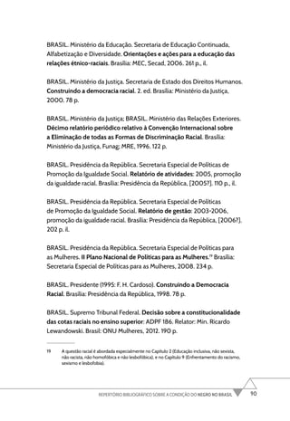 90
REPERTÓRIO BIBLIOGRÁFICO SOBRE A CONDIÇÃO DO NEGRO NO BRASIL
BRASIL. Ministério da Educação. Secretaria de Educação Continuada,
Alfabetização e Diversidade. Orientações e ações para a educação das
relações étnico-raciais. Brasília: MEC, Secad, 2006. 261 p., il.
BRASIL. Ministério da Justiça. Secretaria de Estado dos Direitos Humanos.
Construindo a democracia racial. 2. ed. Brasília: Ministério da Justiça,
2000. 78 p.
BRASIL. Ministério da Justiça; BRASIL. Ministério das Relações Exteriores.
Décimo relatório periódico relativo à Convenção Internacional sobre
a Eliminação de todas as Formas de Discriminação Racial. Brasília:
Ministério da Justiça, Funag; MRE, 1996. 122 p.
BRASIL. Presidência da República. Secretaria Especial de Políticas de
Promoção da Igualdade Social. Relatório de atividades: 2005, promoção
da igualdade racial. Brasília: Presidência da República, [2005?]. 110 p., il.
BRASIL. Presidência da República. Secretaria Especial de Políticas
de Promoção da Igualdade Social. Relatório de gestão: 2003-2006,
promoção da igualdade racial. Brasília: Presidência da República, [2006?].
202 p. il.
BRASIL. Presidência da República. Secretaria Especial de Políticas para
as Mulheres. II Plano Nacional de Políticas para as Mulheres.19
Brasília:
Secretaria Especial de Políticas para as Mulheres, 2008. 234 p.
BRASIL. Presidente (1995: F. H. Cardoso). Construindo a Democracia
Racial. Brasília: Presidência da República, 1998. 78 p.
BRASIL. Supremo Tribunal Federal. Decisão sobre a constitucionalidade
das cotas raciais no ensino superior: ADPF 186. Relator: Min. Ricardo
Lewandowski. Brasil: ONU Mulheres, 2012. 190 p.
19 A questão racial é abordada especialmente no Capítulo 2 (Educação inclusiva, não sexista,
não racista, não homofóbica e não lesbofóbica), e no Capítulo 9 (Enfrentamento do racismo,
sexismo e lesbofobia).
 