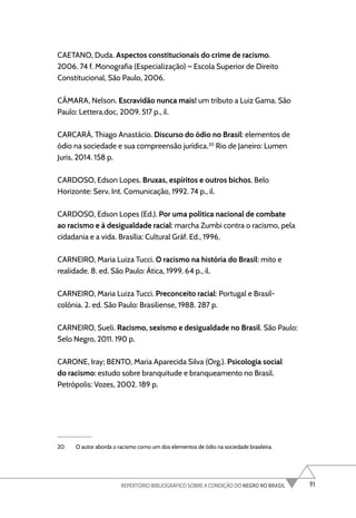 91
REPERTÓRIO BIBLIOGRÁFICO SOBRE A CONDIÇÃO DO NEGRO NO BRASIL
CAETANO, Duda. Aspectos constitucionais do crime de racismo.
2006. 74 f. Monografia (Especialização) – Escola Superior de Direito
Constitucional, São Paulo, 2006.
CÂMARA, Nelson. Escravidão nunca mais! um tributo a Luiz Gama. São
Paulo: Lettera.doc, 2009. 517 p., il.
CARCARÁ, Thiago Anastácio. Discurso do ódio no Brasil: elementos de
ódio na sociedade e sua compreensão jurídica.20
Rio de Janeiro: Lumen
Juris, 2014. 158 p.
CARDOSO, Edson Lopes. Bruxas, espíritos e outros bichos. Belo
Horizonte: Serv. Int. Comunicação, 1992. 74 p., il.
CARDOSO, Edson Lopes (Ed.). Por uma política nacional de combate
ao racismo e à desigualdade racial: marcha Zumbi contra o racismo, pela
cidadania e a vida. Brasília: Cultural Gráf. Ed., 1996.
CARNEIRO, Maria Luiza Tucci. O racismo na história do Brasil: mito e
realidade. 8. ed. São Paulo: Ática, 1999. 64 p., il.
CARNEIRO, Maria Luiza Tucci. Preconceito racial: Portugal e Brasil-
colônia. 2. ed. São Paulo: Brasiliense, 1988. 287 p.
CARNEIRO, Sueli. Racismo, sexismo e desigualdade no Brasil. São Paulo:
Selo Negro, 2011. 190 p.
CARONE, Iray; BENTO, Maria Aparecida Silva (Org.). Psicologia social
do racismo: estudo sobre branquitude e branqueamento no Brasil.
Petrópolis: Vozes, 2002. 189 p.
20 O autor aborda o racismo como um dos elementos de ódio na sociedade brasileira.
 