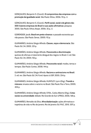 97
REPERTÓRIO BIBLIOGRÁFICO SOBRE A CONDIÇÃO DO NEGRO NO BRASIL
GONÇALVES, Benjamin S. (Coord.). O compromisso das empresas com a
promoção da igualdade racial. São Paulo: Ethos, 2006. 112 p., il.
GONÇALVES, Benjamin S. (Coord.). Perfil social, racial e de gênero das
500 maiores empresas do Brasil e suas ações afirmativas: pesquisa
2005. São Paulo: Ethos; Ibope, 2006. 32 p., il.
GORENDER, Jacob. Brasil em preto e branco: o passado escravista que
não passou. São Paulo: Senac, 2000. 112 p.
GUIMARÃES, Antônio Sérgio Alfredo. Classes, raças e democracia. São
Paulo: Ed. 34, 2002. 231 p.
GUIMARÃES, Antônio Sérgio Alfredo. Preconceito e discriminação:
queixas de ofensas e tratamento desigual dos negros no Brasil. 2. ed. São
Paulo: Ed. 34, 2004. 155 p.
GUIMARÃES, Antônio Sérgio Alfredo. Preconceito racial: modos, temas e
tempos. São Paulo: Cortez, 2008. 144 p.
GUIMARÃES, Antônio Sérgio Alfredo. Racismo e antirracismo no Brasil.
2. ed. rev. São Paulo: Ed. 34; Fund. Apoio à USP, 2005. 254 p.
GUIMARAES, Antônio Sérgio Alfredo; HUNTLEY, Lynn (Org.). Tirando a
máscara: ensaios sobre o racismo no Brasil. São Paulo: Paz e Terra, 2000.
434 p.
GUIMARÃES, Antônio Sérgio Alfredo; STEIL, Carlos Alberto (Org.). Cotas
raciais na universidade: debate. Rio Grande do Sul: UFRGS, 2006. 168 p.
GUIMARÃES, Reinaldo da Silva. Afrocidadanização: ações afirmativas e
trajetórias de vida no Rio de Janeiro. Rio de Janeiro: Ed. PUC, 2013. 207 p.
 