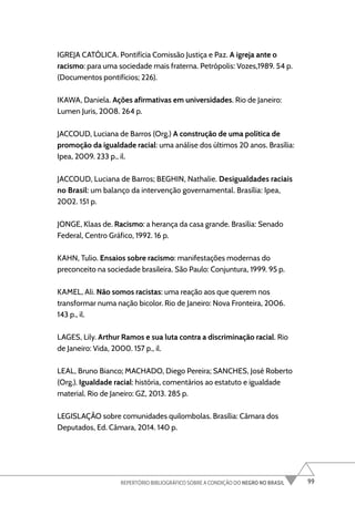 99
REPERTÓRIO BIBLIOGRÁFICO SOBRE A CONDIÇÃO DO NEGRO NO BRASIL
IGREJA CATÓLICA. Pontifícia Comissão Justiça e Paz. A igreja ante o
racismo: para uma sociedade mais fraterna. Petrópolis: Vozes,1989. 54 p.
(Documentos pontifícios; 226).
IKAWA, Daniela. Ações afirmativas em universidades. Rio de Janeiro:
Lumen Juris, 2008. 264 p.
JACCOUD, Luciana de Barros (Org.) A construção de uma política de
promoção da igualdade racial: uma análise dos últimos 20 anos. Brasília:
Ipea, 2009. 233 p., il.
JACCOUD, Luciana de Barros; BEGHIN, Nathalie. Desigualdades raciais
no Brasil: um balanço da intervenção governamental. Brasília: Ipea,
2002. 151 p.
JONGE, Klaas de. Racismo: a herança da casa grande. Brasília: Senado
Federal, Centro Gráfico, 1992. 16 p.
KAHN, Tulio. Ensaios sobre racismo: manifestações modernas do
preconceito na sociedade brasileira. São Paulo: Conjuntura, 1999. 95 p.
KAMEL, Ali. Não somos racistas: uma reação aos que querem nos
transformar numa nação bicolor. Rio de Janeiro: Nova Fronteira, 2006.
143 p., il.
LAGES, Lily. Arthur Ramos e sua luta contra a discriminação racial. Rio
de Janeiro: Vida, 2000. 157 p., il.
LEAL, Bruno Bianco; MACHADO, Diego Pereira; SANCHES, José Roberto
(Org.). Igualdade racial: história, comentários ao estatuto e igualdade
material. Rio de Janeiro: GZ, 2013. 285 p.
LEGISLAÇÃO sobre comunidades quilombolas. Brasília: Câmara dos
Deputados, Ed. Câmara, 2014. 140 p.
 