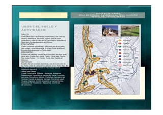 PROCESO DE DISEÑO
ZONA DE ESTUDIO: PARROQUIA LA TOMA MUNICIPIO
RANGEL DEL ESTADO MERIDA
USOS DEL SUELO Y
ACTIVIDADES:
SALUD:
EDUCACIÓN:
RELIGIOSO:
Ambulatorio tipo II en buenas condiciones y con: sala de
espera, enfermería, farmacia, cocina, sala de curas,
consultorio y baño público en la Toma Baja y Ambulatorio
Rural tipo I sin equipamiento en Mitivivo.
Cuatro unidades educativas y sólo para uso de primaria,
tres rurales y una Bolivariana. (Escuela Rural de Mitivivò,
Escuela Bolivariana de La Toma Baja).
Existen tres capillas, una en la vía principal, las otras en la
parte alta. (Capilla San Judas Tadeo, Toma Baja, Capilla
San Judas Tadeo, El Cerrito, Toma Alta, Capilla de
Mitivivo).
DEPORTIVO:
Otros usos como:
Existen dos (2) canchas deportivas, una de la escuela de
La Toma y otra de uso público ubicada en La Toma Baja. En
los demás centros poblados no hay ningún tipo de
instalación deportiva.
(Casa Comunitaria, Abastos y Bodegas, Artesanías,
Restaurantes, Expendio de Medicinas, Venta Productos
químicos, Consultorio Médico, Prefectura, Asociación de
Vecinos, Comité de sistema de riego, Comité de salud,
Grupos religiosos, Comité de padres y representantes,
Asociación de Posaderos y Baquianos, Comité deagua
de consumo).
RESIDENCIAL.
COMERCIAL.
HOSPEDAJE.
RESIDENCIAL COMERCIAL.
RELIGIOSO.
ASISTENCIAL.
GUBERNAMENTAL.
EDUCACIONAL.
RECREACIONAL.
 