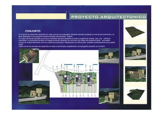 PROYECTO ARQUITECTONICO
-
El conjunto se desarrollo pensando en cada una de las propuestas, teniendo siempre presente la unid ad de producción y el
área destinada a una pequeña siembra también denominada “huerto”.
En cada una de las parcelas se procuro mantener siempre presente el verde y la gama de colores que nos brinda la
naturaleza. La propuesta también se trabajo teniendo presente los vehículos de carga que posteriormente se puedan
involucrar al área destinada como la unidad de producción. Respetando los retiros para posibles modificaciones que puedan
surgir.
Cada una de las parcelas se desarrollo en base a las terrazas adaptándolo a la topografía presente en el sector.
CONJUNTO:
 