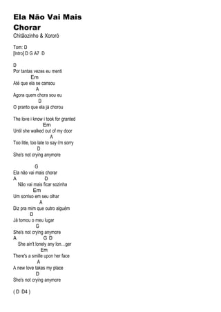 Ela Não Vai Mais
Chorar
Chitãozinho & Xororó
Tom: D
[Intro] D G A7 D
D
Por tantas vezes eu menti
Em
Até que ela se cansou
A
Agora quem chora sou eu
D
O pranto que ela já chorou
The love i know i took for granted
Em
Until she walked out of my door
A
Too litle, too late to say i'm sorry
D
She's not crying anymore
G
Ela não vai mais chorar
A D
Não vai mais ficar sozinha
Em
Um sorriso em seu olhar
A
Diz pra mim que outro alguém
D
Já tomou o meu lugar
G
She's not crying anymore
A G D
She ain't lonely any lon…ger
Em
There's a smille upon her face
A
A new love takes my place
D
She's not crying anymore
( D D4 )
 