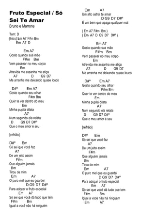 Fruto Especial / Só
Sei Te Amar
Bruno e Marrone
Tom: D
[Intro] Em A7 F#m Bm
Em A7 D
Em A7
Gosto quando sua mão
F#m Bm
Vem passear no meu corpo
Em
Atrevida me assanha me atiça
A7 D G9 D7
Me arranha me deixando quase louco
D#º Em A7
Gosto quando seu olhar
F#m Bm
Quer te ver dentro do meu
Em
Minha pupila dilata
A7
Num segundo ela relata
D G9 D7 D#º
Que o meu amor é seu
[refrão]
D#º Em
Só sei que você faz
A7
De um jeito assim
F#m
Que alguém jamais
Bm
Tirou de mim
Em A7
O puro mel que eu guardei
D G9 D7 D#º
Para adoçar o fruto especial
Em A7
Só sei que você dá tudo que tem
F#m Bm
Igual a você não há ninguém
Em A7
Um alto astral te amar
D G9 D7 D#º
É um bem que apaga qualquer mal
( Em A7 F#m Bm )
( Em A7 D G9 D7 D#º )
Em A7
Gosto quando sua mão
F#m Bm
Vem passear no meu corpo
Em
Atrevida me assanha me atiça
A7 D G9 D7
Me arranha me deixando quase louco
D#º Em A7
Gosto quando seu olhar
F#m Bm
Quer te ver dentro do meu
Em
Minha pupila dilata
A7
Num segundo ela relata
D G9 D7 D#º
Que o meu amor é seu
[refrão]
D#º Em
Só sei que você faz
A7
De um jeito assim
F#m
Que alguém jamais
Bm
Tirou de mim
Em A7
O puro mel que eu guardei
D G9 D7 D#º
Para adoçar o fruto especial
Em A7
Só sei que você dá tudo que tem
F#m Bm
Igual a você não há ninguém
Em A7
 