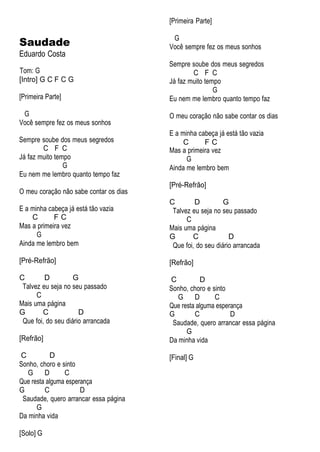 Saudade
Eduardo Costa
Tom: G
[Intro] G C F C G
[Primeira Parte]
G
Você sempre fez os meus sonhos
Sempre soube dos meus segredos
C F C
Já faz muito tempo
G
Eu nem me lembro quanto tempo faz
O meu coração não sabe contar os dias
E a minha cabeça já está tão vazia
C F C
Mas a primeira vez
G
Ainda me lembro bem
[Pré-Refrão]
C D G
Talvez eu seja no seu passado
C
Mais uma página
G C D
Que foi, do seu diário arrancada
[Refrão]
C D
Sonho, choro e sinto
G D C
Que resta alguma esperança
G C D
Saudade, quero arrancar essa página
G
Da minha vida
[Solo] G
[Primeira Parte]
G
Você sempre fez os meus sonhos
Sempre soube dos meus segredos
C F C
Já faz muito tempo
G
Eu nem me lembro quanto tempo faz
O meu coração não sabe contar os dias
E a minha cabeça já está tão vazia
C F C
Mas a primeira vez
G
Ainda me lembro bem
[Pré-Refrão]
C D G
Talvez eu seja no seu passado
C
Mais uma página
G C D
Que foi, do seu diário arrancada
[Refrão]
C D
Sonho, choro e sinto
G D C
Que resta alguma esperança
G C D
Saudade, quero arrancar essa página
G
Da minha vida
[Final] G
 