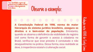 A Constituição Federal de 1998, norma de maior
A Constituição Federal de 1998, norma de maior
hierarquia do sistema jurídico brasileiro, assegura os
hierarquia do sistema jurídico brasileiro, assegura os
direitos e o bem-estar da população.
direitos e o bem-estar da população. Entretanto,
Entretanto,
quando se observa a deficiência da visibilidade do registro
quando se observa a deficiência da visibilidade do registro
civil como forma de garantir o acesso à cidadania no
civil como forma de garantir o acesso à cidadania no
Brasil, verifica-se que esse preceito é constatado e não
Brasil, verifica-se que esse preceito é constatado e não
desejavelmente na prática. Dessa forma, essa realidade se
desejavelmente na prática. Dessa forma, essa realidade se
deve, à inoperância estatal e à alienação social.
deve, à inoperância estatal e à alienação social.
Redação
nota
1000
de
Evely
Lima
Observeoexemplo:
Tema:Invisibilidadeeregistrocivil:
garantiadeacessoàcidadanianoBrasil.
Introdução:afaltadegarantiados
direitosbásicos.
 