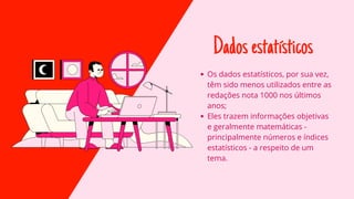 Dadosestatísticos
Os dados estatísticos, por sua vez,
têm sido menos utilizados entre as
redações nota 1000 nos últimos
anos;
Eles trazem informações objetivas
e geralmente matemáticas -
principalmente números e índices
estatísticos - a respeito de um
tema.
 