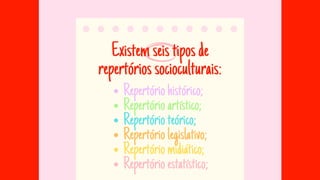 Existemseistiposde
repertóriossocioculturais:
Repertóriohistórico;
Repertórioartístico;
Repertórioteórico;
Repertóriolegislativo;
Repertóriomidiático;
Repertórioestatístico;
 
