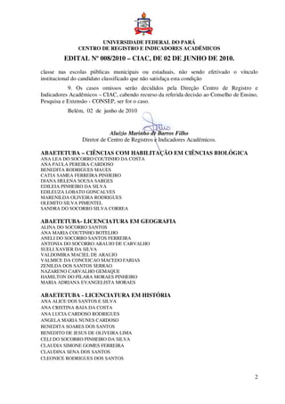 UNIVERSIDADE FEDERAL DO PARÁ
               CENTRO DE REGISTRO E INDICADORES ACADËMICOS
         EDITAL Nº 008/2010 – CIAC, DE 02 DE JUNHO DE 2010.
classe nas escolas públicas municipais ou estaduais, não sendo efetivado o vínculo
institucional do candidato classificado que não satisfaça esta condição
           9. Os casos omissos serão decididos pela Direção Centro de Registro e
Indicadores Acadêmicos – CIAC, cabendo recurso da referida decisão ao Conselho de Ensino,
Pesquisa e Extensão - CONSEP, ser for o caso.
           Belém, 02 de junho de 2010


                             Aluízio Marinho de Barros Filho
                 Diretor de Centro de Registros e Indicadores Acadêmicos.

ABAETETUBA – CIÊNCIAS COM HABILITAÇÃO EM CIÊNCIAS BIOLÓGICA
ANA LEA DO SOCORRO COUTINHO DA COSTA
ANA PAULA PEREIRA CARDOSO
BENEDITA RODRIGUES MAUES
CATIA SAMEA FERREIRA PINHEIRO
DIANA HELENA SOUSA SARGES
EDILEIA PINHEIRO DA SILVA
EDILEUZA LOBATO GONCALVES
MARENILDA OLIVEIRA RODRIGUES
OLEMITO SILVA PIMENTEL
SANDRA DO SOCORRO SILVA CORREA

ABAETETUBA- LICENCIATURA EM GEOGRAFIA
ALINA DO SOCORRO SANTOS
ANA MARIA COUTINHO BOTELHO
ANELI DO SOCORRO SANTOS FERREIRA
ANTONIA DO SOCORRO ARAUJO DE CARVALHO
SUELI XAVIER DA SILVA
VALDOMIRA MACIEL DE ARAUJO
VALMICE DA CONCEICAO MACEDO FARIAS
ZENILDA DOS SANTOS SERRAO
NAZARENO CARVALHO GEMAQUE
HAMILTON DO PILARA MORAES PINHEIRO
MARIA ADRIANA EVANGELISTA MORAES

ABAETETUBA - LICENCIATURA EM HISTÓRIA
ANA ALICE DOS SANTOS E SILVA
ANA CRISTINA BAIA DA COSTA
ANA LUCIA CARDOSO RODRIGUES
ANGELA MARIA NUNES CARDOSO
BENEDITA SOARES DOS SANTOS
BENEDITO DE JESUS DE OLIVEIRA LIMA
CELI DO SOCORRO PINHEIRO DA SILVA
CLAUDIA SIMONE GOMES FERREIRA
CLAUDINA SENA DOS SANTOS
CLEONICE RODRIGUES DOS SANTOS


                                                                                       2
 