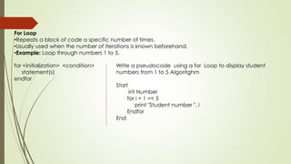 For Loop
•Repeats a block of code a specific number of times.
•Usually used when the number of iterations is known beforehand.
•Example: Loop through numbers 1 to 5.
for <initialization> <condition>
statement(s)
endfor
Write a pseudocode using a for Loop to display student
numbers from 1 to 5 Algoritghm
Start
int Number
for i = 1 =< 5
print "Student number ", i
Endfor
End
 