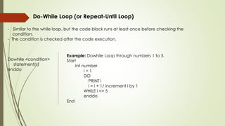 Do-While Loop (or Repeat-Until Loop)
- Similar to the while loop, but the code block runs at least once before checking the
condition.
- The condition is checked after the code execution.
Dowhile <condition>
statement(s)
enddo
Example: Dowhile Loop through numbers 1 to 5.
Start
Int number
i = 1
DO
PRINT i
i = i + 1/ increment i by 1
WHILE i <= 5
enddo
End
 