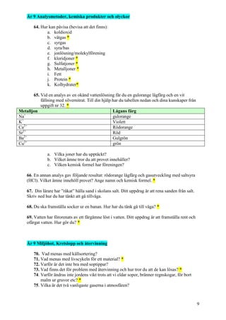 9
År 9 Analysmetoder, kemiska produkter och olyckor
64. Hur kan påvisa (bevisa att det finns):
a. koldioxid
b. vätgas *
c. syrgas
d. syra/bas
e. jonlösning/molekylförening
f. kloridjoner *
g. Sulfatjoner *
h. Metalljoner *
i. Fett
j. Protein *
k. Kolhydrater*
65. Vid en analys av en okänd vattenlösning får du en gulorange lågfärg och en vit
fällning med silvernitrat. Till din hjälp har du tabellen nedan och dina kunskaper från
uppgift nr 32. *
Metalljon Lågans färg
Na+
gulorange
K+
Violett
Ca2+
Rödorange
Sr2+
Röd
Ba2+
Gulgrön
Cu2+
grön
a. Vilka joner har du upptäckt?
b. Vilket ämne tror du att provet innehåller?
c. Vilken kemisk formel har föreningen?
66. En annan analys gav följande resultat: rödorange lågfärg och gasutveckling med saltsyra
(HCl). Vilket ämne innehöll provet? Ange namn och kemisk formel. *
67. Din lärare har ”råkat” hälla sand i skolans salt. Ditt uppdrag är att rena sanden från salt.
Skriv ned hur du har tänkt att gå tillväga.
68. Du ska framställa socker ur en banan. Hur har du tänk gå till väga? *
69. Vatten har förorenats av ett färgämne löst i vatten. Ditt uppdrag är att framställa rent och
ofärgat vatten. Hur gör du? *
År 9 Miljöhot, Kretslopp och återvinning
70. Vad menas med källsortering?
71. Vad menas med livscykeln för ett material? *
72. Varför är det inte bra med soptippar?
73. Vad finns det för problem med återvinning och hur tror du att de kan lösas? *
74. Varför ändras inte jordens vikt trots att vi eldar sopor, bränner regnskogar, för bort
malm ur gruvor etc? *
75. Vilka är det två vanligaste gaserna i atmosfären?
 