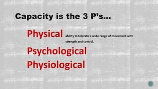 Physical ability to tolerate a wide range of movement with
strength and control.
Psychological
Physiological
 