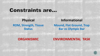 Physical
ROM, Strength, Tissue
Status
ORGANISMIC
Informational
Mound, Flat Ground, Trap
Bar vs Olympic Bar
ENVIRONMENTAL TASK
 