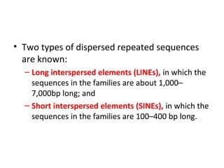 • Two types of dispersed repeated sequences
are known:
– Long interspersed elements (LINEs), in which the
sequences in the families are about 1,000–
7,000bp long; and
– Short interspersed elements (SINEs), in which the
sequences in the families are 100–400 bp long.
 