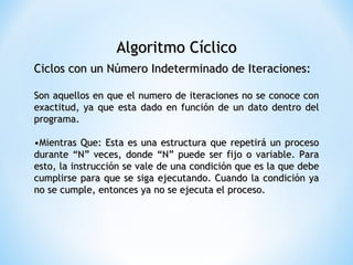 Algoritmo Cíclico Ciclos con un Número Indeterminado de Iteraciones: Son aquellos en que el numero de iteraciones no se conoce con exactitud, ya que esta dado en función de un dato dentro del programa.  • Mientras Que: Esta es una estructura que repetirá un proceso durante “N” veces, donde “N” puede ser fijo o variable. Para esto, la instrucción se vale de una condición que es la que debe cumplirse para que se siga ejecutando. Cuando la condición ya no se cumple, entonces ya no se ejecuta el proceso.  