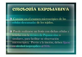 CITOLOGÍA EXFOLIATIVA

 Consiste en el examen microscópico de las
células descamadas de los tejidos.

 Puede realizarse un frotis con dichas células y
teñirlas con la técnica de Papanicolau o
similares, para facilitar su observación
microscópica. Previo a la tinción, deben fijarse
en alcohol isopropílico al 95%.
 