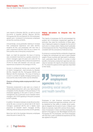 Global Insights - Part 3
How the World Views Temporary Employment and Interim Management
22
vast majority of Brazilian (89.3%), as well as around
two-thirds of Swedish (68.9%), Mexican (63.5%),
Portuguese (62.4%) and Spanish (61.0%) employees,
agreed upon, compared to all temporary employees
across the countries at 49.6%.
Unsurprisingly, young graduates seeking to increase
their professional experience and skills (58.6%),
students (61.4%), and employees with less than a
year’s experience (60.6%) cited this as a reason for
their positive view of temporary employment.
Again, as might be expected, the issue of training
was considered important by a greater proportion of
interim managers aged 30 years and under (61.1%)
and those with relatively little professional experience
(70.4% for those with between one and two years’
experience) compared to the average of 47.0%.
Access to professional training was another benefit
of interim management, cited primarily by Brazilian
(82.8%), Swedish (65.4%), Portuguese (58.6%) and
Mexican (58.0%) employees. The issue of training is
crucial in a context of rapidly changing working prac-
tices and the rate at which skills must be refreshed.
Chances of finding stable employment (59.1% and
60.0%)
Temporary employment is also seen as a means of
finding stable employment, with a very high proportion
of Swedish (75.8%), Brazilian (71.6%) and Swiss (71.1%)
employees agreeing on this point. In terms of interim
management, this is particular true for Swedish interim
managers, with 75.8% agreeing on this point compared
to 59.1% globally.
In addition, the balance between private life and profes-
sional life was a concern for almost half of UK interim
managers questioned (48.1%) and a slightly lower
proportion of Swedish interim managers (41.8%),
reflecting national values and priorities (34.8% globally).
More than half of the Australian temporary employees
share this point of view (51.7%).
Helping job-seekers to integrate into the
workplace
The majority of employees (54.7%) acknowledged the
positive role of temporary employment agencies. In
particular, they value the contribution of these agen-
cies in helping job-seekers to integrate into the world of
work and, to a lesser extent, helping recent graduates
to find employment (42.4%). These findings are perfectly
consistent with the conclusions of national surveys.
It comes as no surprise that the contribution of agencies
in helping the unemployed into work is given greatest
weight in those countries with high levels of unemploy-
ment, particularly Spain (68.2%). A number of other
benefits of temporary employment agencies were also
cited; for example, the majority of Australian employees
(51.7%) valued the speed at which agencies responded
to their needs.
Employees in Latin American economies viewed
temporary employment agencies positively, which can
be explained by their ability to enable recent gradu-
ates to integrate into the world of work. In Mexico and
Brazil, for example, nearly 60% and two-thirds respec-
tively of employees in these countries emphasised this
element of the agency’s role. Most Belgian (53.9%) and
Portuguese (52.7%) employees, and those employees
with less than a year’s professional experience (61.5%)
also agreed on this point.
Temporary
employment
agencies help in
providing social security
and health benefits
 