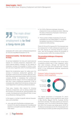 Global Insights - Part 3
How the World Views Temporary Employment and Interim Management
24
employees with under a year’s professional experience
(21.2%) and unqualified employees (18.7%).
Employment stability – the ideal outcome
for many
As we have highlighted, the many and varied personal
reasons for choosing temporary employment tran-
scend national patterns. However, for the majority of
employees surveyed the possibility of finding a long-
term job was a huge driver, at 60.7% of all respondents.
Behind this fundamental reason for calling upon the
services of temporary employment agencies, one
employee in three across the countries cited the possi-
bility of securing a permanent position within the current
company (32.5%), or developing their professional
experience (32.6% rising to 70.3% for employees with
less than a year’s professional experience). A fifth of
employees also stated that the temporary employment
route helped them to build their professional network.
There were, however, other reasons for choosing
temporary employment, such as taking a break from
the monotony of a particular job, gaining familiarity with
a variety of professional environments (21.8%), or even
as a professional challenge (18.0%).
In this respect, a number of specific national character-
istics can be identified:
•	 Just under half of the Brazilian employees ques-
tioned (47.4%) cited the development of professional
experience, alongside ‘personal challenge’, as their
main reason
•	 For 41.6% of German employees, temporary
employment is truly a professional choice, reflecting
the status of temporary employees in Germany as
permanent employees
•	 Three-quarters of Italian employees (72.2%) and
employees from the United States (71.1%) placed
the greatest importance on finding long-term
employment while working
Polish (47.4%) and Portuguese (55.1%) employees saw
the development of their professional experience as
the main reasons for choosing temporary employ-
ment, with the Portuguese valuing the possibility of
securing a position within the company (50.6%).
The prevailing challenges of temporary
employment
A third of temporary employees in the survey had a
consistently positive view of their integration within
their client company, although half reported that
this was not the case with all assignments. However
83.6% of the professionals generally experienced
good integration.
ALWAYS feel
integrated
Feel integrated,
but not always
NEVER feel
integrated
Employees’ feeling of integration during their
temporary / interim assignments
16.4%
50.1%
33.5
%
The highest proportions of employees for whom
integration is always a good experience were found
in Italy (48.6%), Belgium (46.7%), Australia (45.6%)
and France (43.5%). The least positive are American
employees, only 21.5% of whom claimed their integra-
tion within the company was always good. 28.0% of
the Mexican employees and 33.4% of employees who
were looking for another job after losing their previous
The main driver
for temporary
employment is to find
a long-term job
 