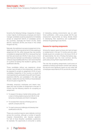 Global Insights - Part 3
How the World Views Temporary Employment and Interim Management
26
forced by the following findings: irrespective of status,
a clear majority of all temporary employee and interim
manager candidates would be prepared to immediately
accept an assignment (56.0% of candidates across
the countries), especially the French (72.3%), Swiss
(68.3%), Americans (67.6%) and those in the United
Kingdom (67.4%).
Naturally, this readiness to accept an assignment imme-
diately was found among almost all of those seeking an
assignment (91.2%), either because they had recently
completed an assignment (86.5%) or because they had
lost their permanent job (78.5%). It also struck a chord
with those who had been out of the labour market due to
childcare responsibilities (69.5%) or who had embarked
on a period of training that resulted in gaining a new
qualification (69.5%).
Those candidates without any experience, whose
concern was primarily to find employment, would also
be prepared to accept an assignment (74.5% of such
candidates irrespective of the country), as would the
most experienced, particularly those with over 20 years’
experience (69.4%), and candidates in the older age
bracket, notably the over 55s (79.6%) or those between
46 and 55 years of age (68.7%).
Ultimately, temporary employees and interim man­
agers who had not taken an assignment in the last 12
months had the following reasons for accepting an
assignment:
•	 To research the labour market while working, with
a view to finding stable employment (60.4% of all
temporary employees and interim managers)
•	 To increase their chances of finding a job in a
specific company (50.1%)
•	 To meet a personal challenge and develop their
qualifications (49.5%)
These very practical reasons were relatively common
across the countries, although a number of specific
marginal characteristics also became apparent.
For half of those Brazilian candidates questioned,
for example, the opportunity to encounter a variety
of interesting working environments was an addi-
tional justification, while young people (62.1%) saw
employment opportunities as being directly linked
to developing their experience and qualifications,
whereas the global figure was 49.5%.
Reasons for rejecting assignments
Among the reasons given by those who had not been
on assignments in the last 12 months and who addi-
tionally would not consider one in the future (19.4% of
all respondents), the risk of finding themselves regu-
larly unemployed was the most common (53.3%),
particularly among Polish respondents (68.2%).
The risk that accepting assignments could prove an
obstacle to finding a permanent contract was cited as
the second most significant reason by just under half
of employee respondents (47.0% across all countries).
 